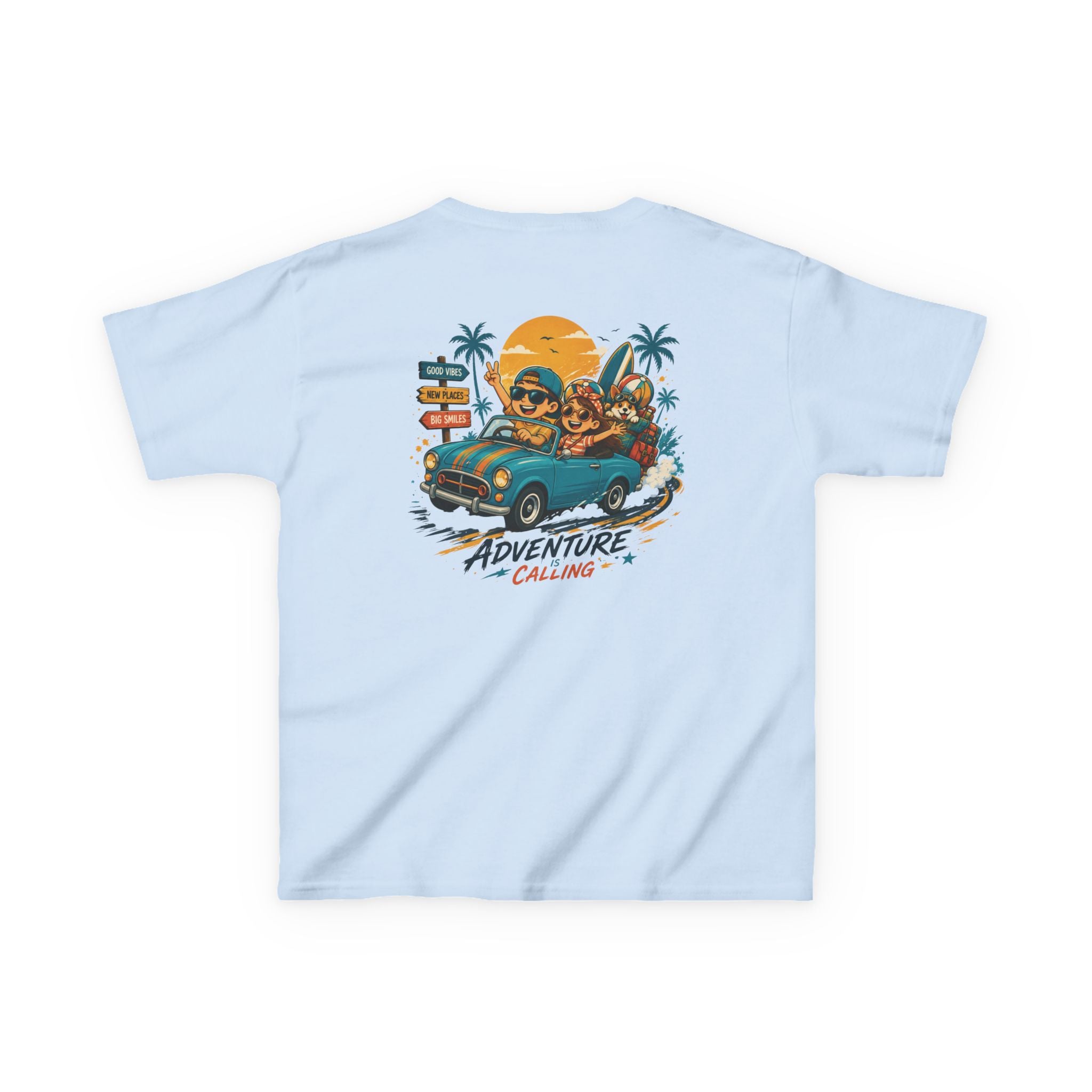 Boys Tee "Adventure Calling" Vintage Tropical Car & Sunset Graphic