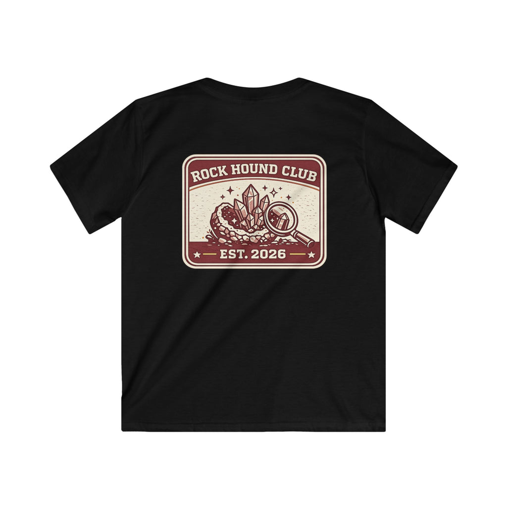 Rock Hound Club Kids T-Shirt 'Est. 2026' Gemstone & Magnifying Glass Design for Boys & Girls