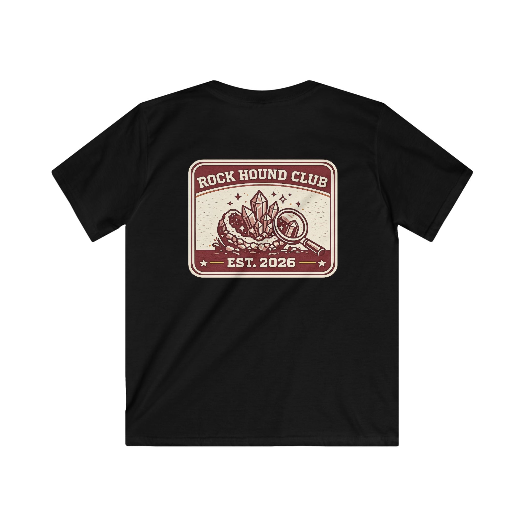 Rock Hound Club Kids T-Shirt 'Est. 2026' Gemstone & Magnifying Glass Design for Boys & Girls