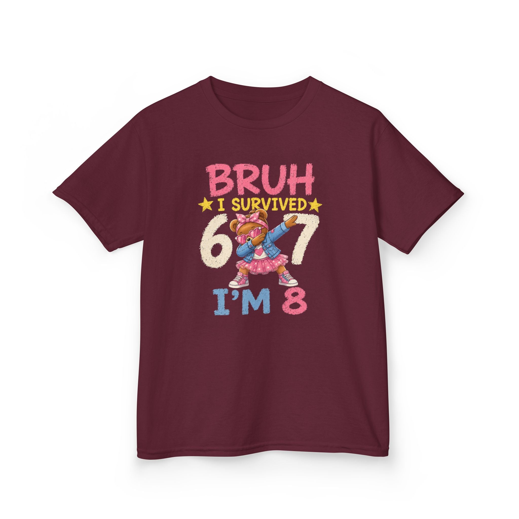" Bruh I survived 6 7 " " I'M 8" Girls Graphic kids Birthday T-Shirt Design