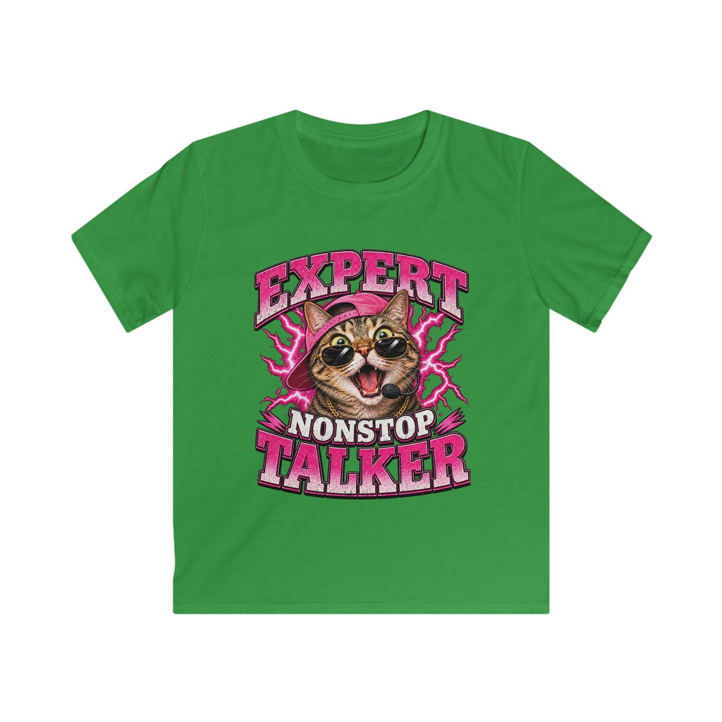 Expert Nonstop Talker Kids T‑Shirt Funny Cat Graphic Tee for Chatty Girls