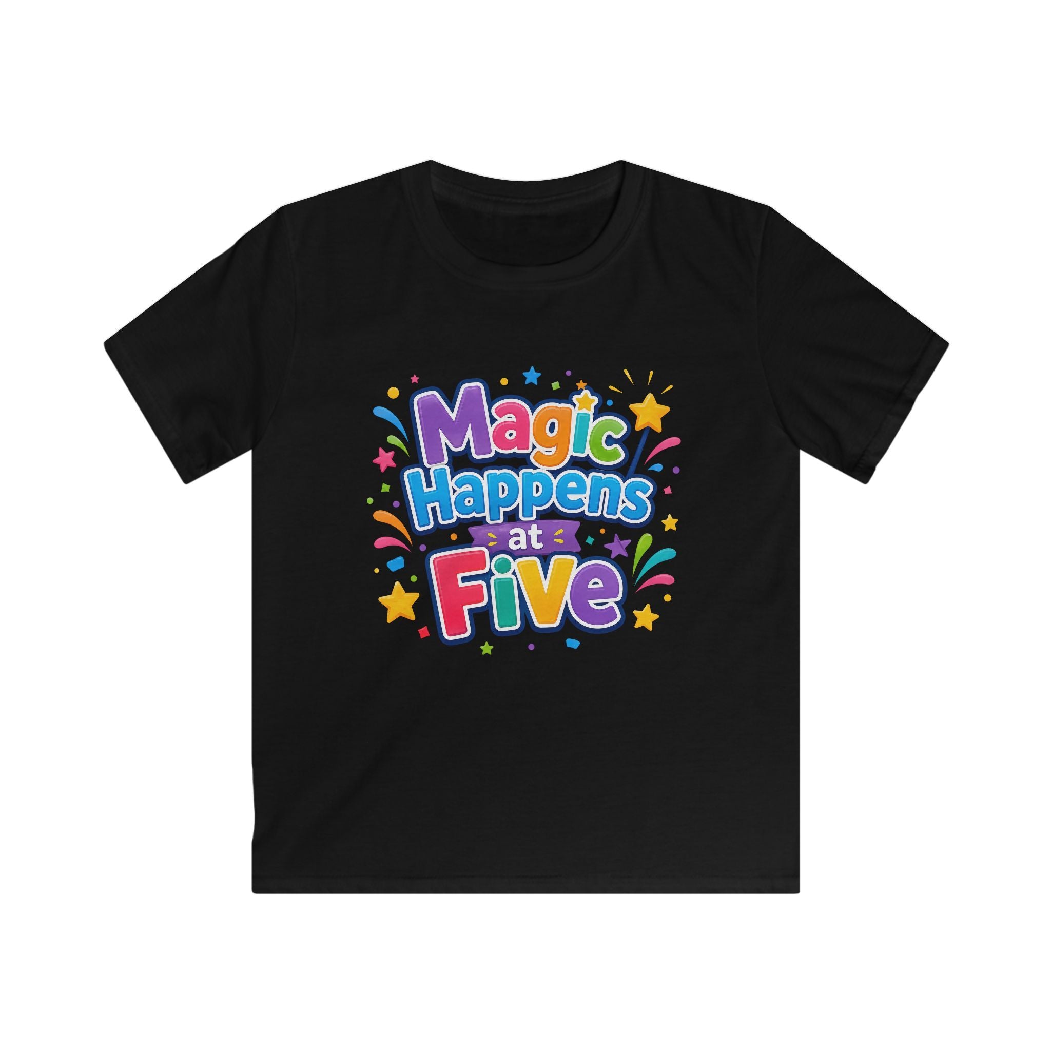 Kids Tee "Magic Happens at Five" Colorful Birthday Shirt
