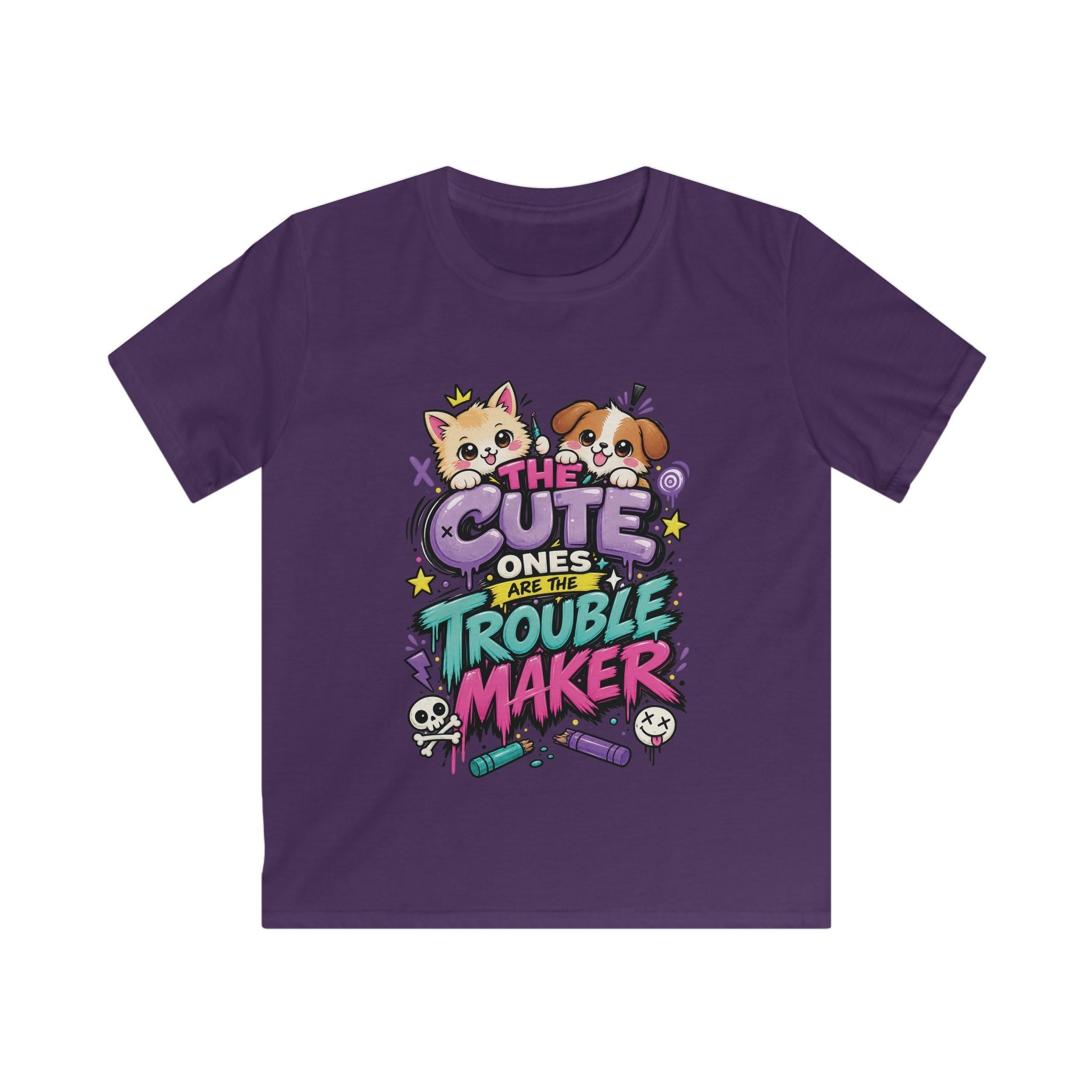 Cute Puppy & Kitten "The Cute Ones Are The Trouble Maker" Graphic Girls T-Shirt