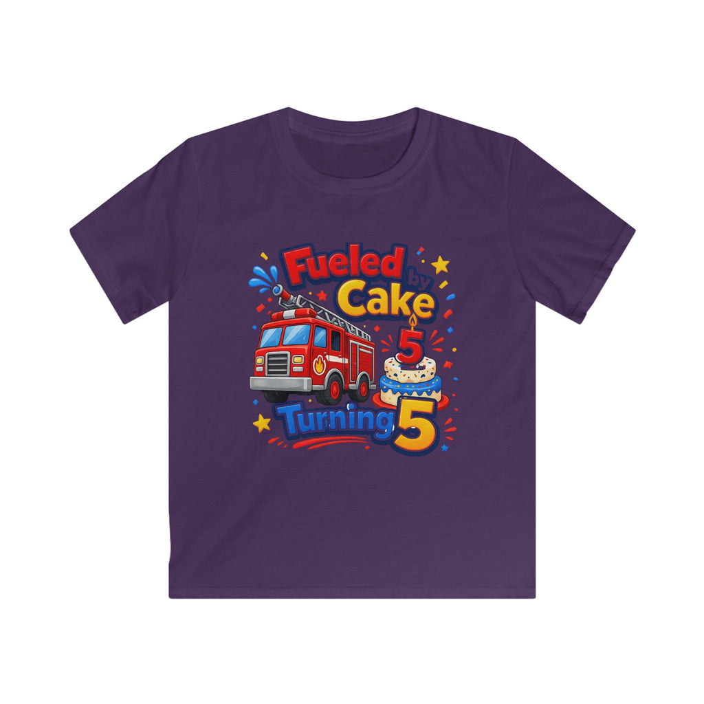 Kids Birthday T‑Shirt 'Fueled by Cake Turning 5' Fire Truck Tee