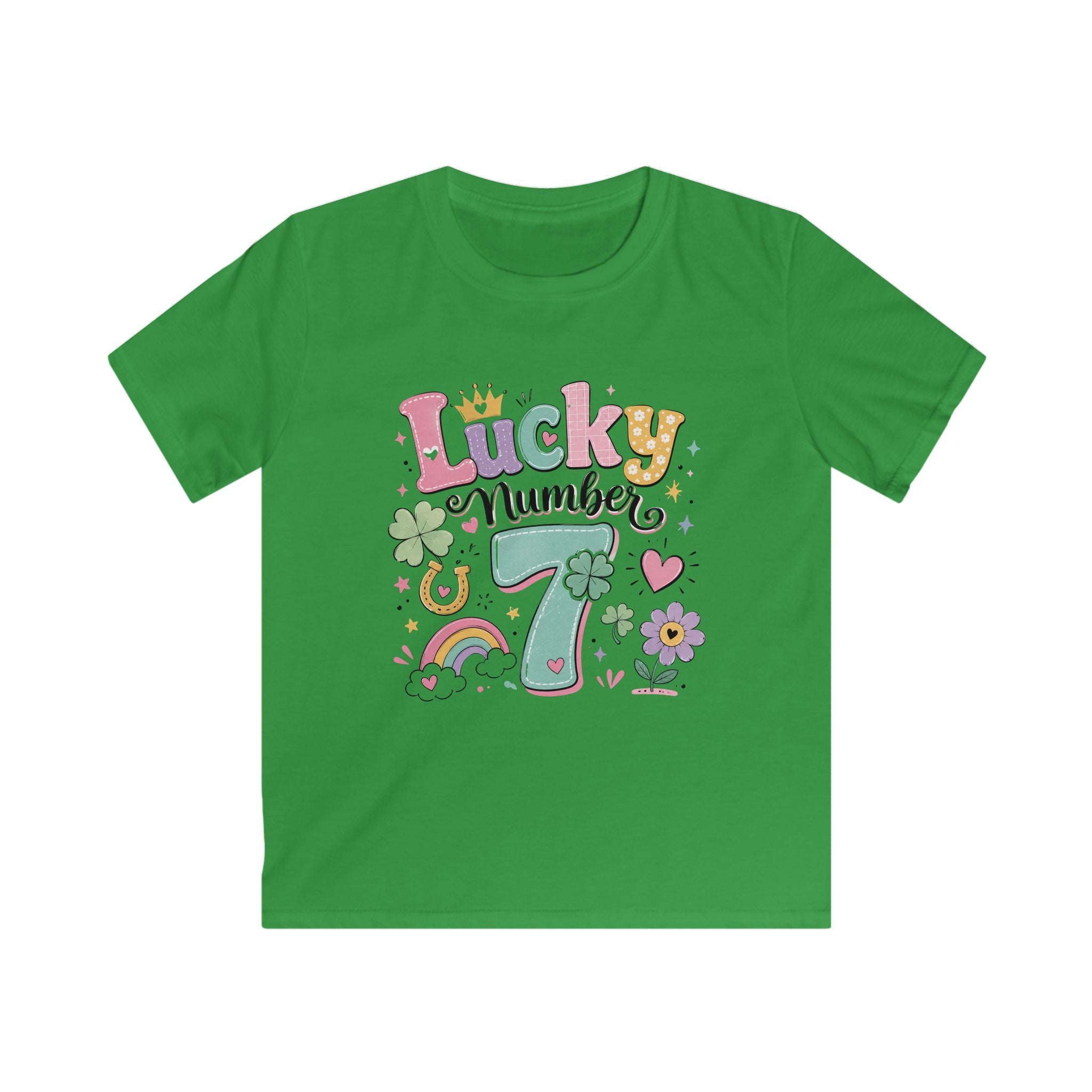 Girls "Lucky Number 7" T-Shirt Cute St. Patrick's Day Rainbow & Clover Tee