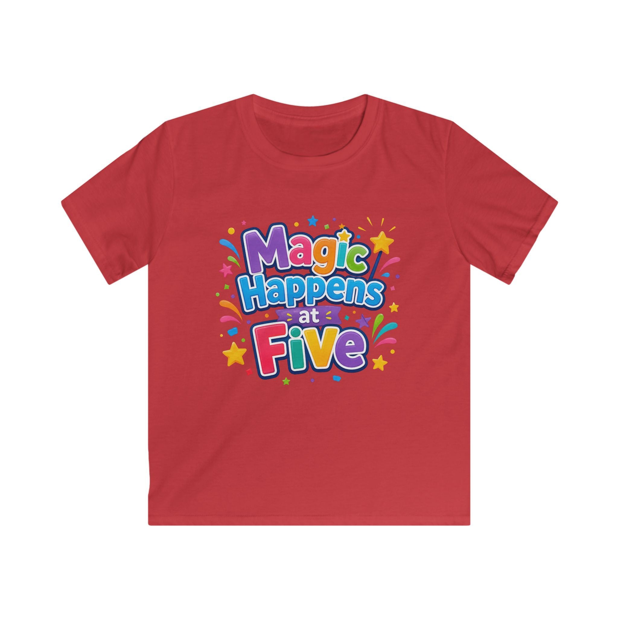 Kids Tee "Magic Happens at Five" Colorful Birthday Shirt