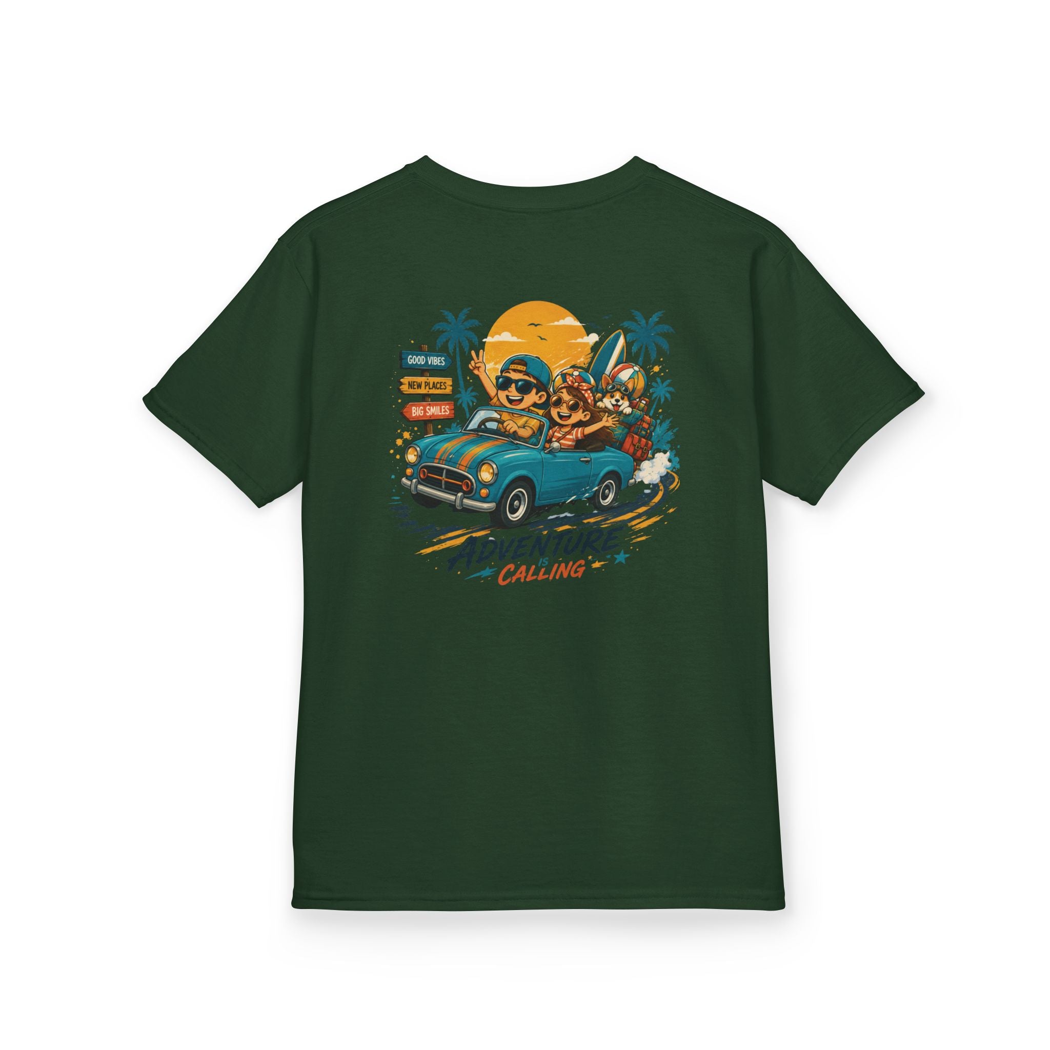 Boys Tee "Adventure Calling" Vintage Tropical Car & Sunset Graphic