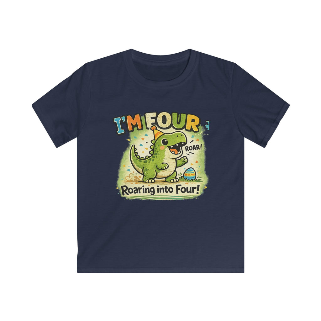 Kids Tee "I’m Four" Roaring Dinosaur Birthday Shirt