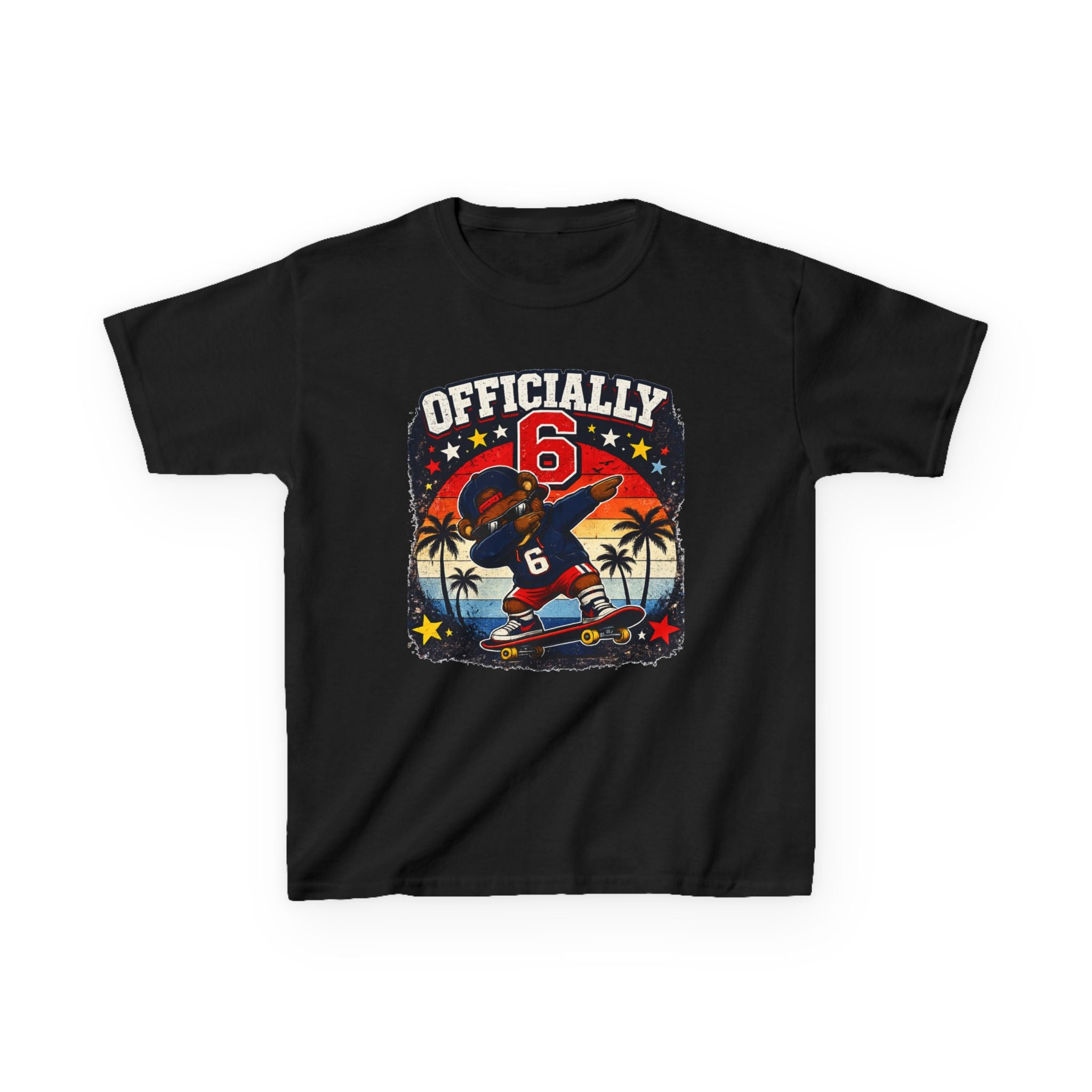 Kids Tee  "Officially 6" Skateboard Birthday Shirt with Palm Sunset