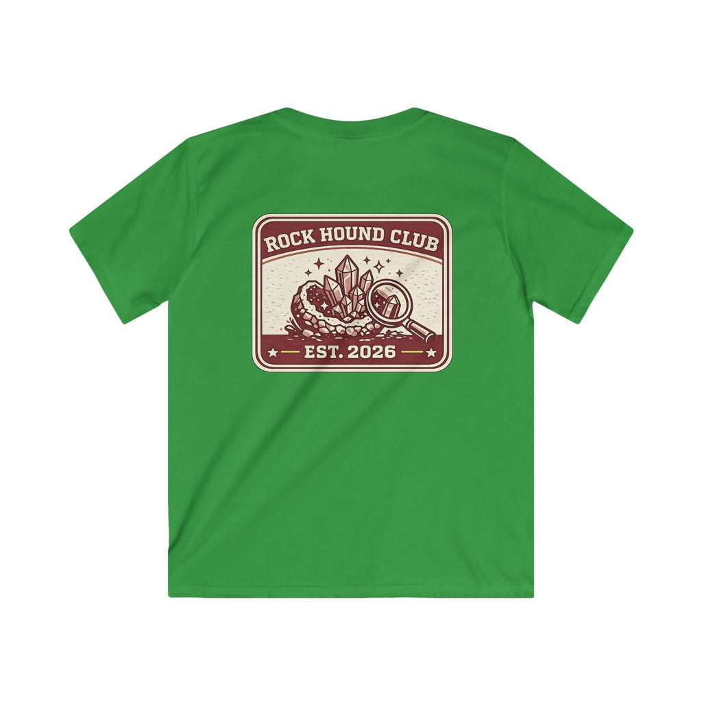 Rock Hound Club Kids T-Shirt 'Est. 2026' Gemstone & Magnifying Glass Design for Boys & Girls