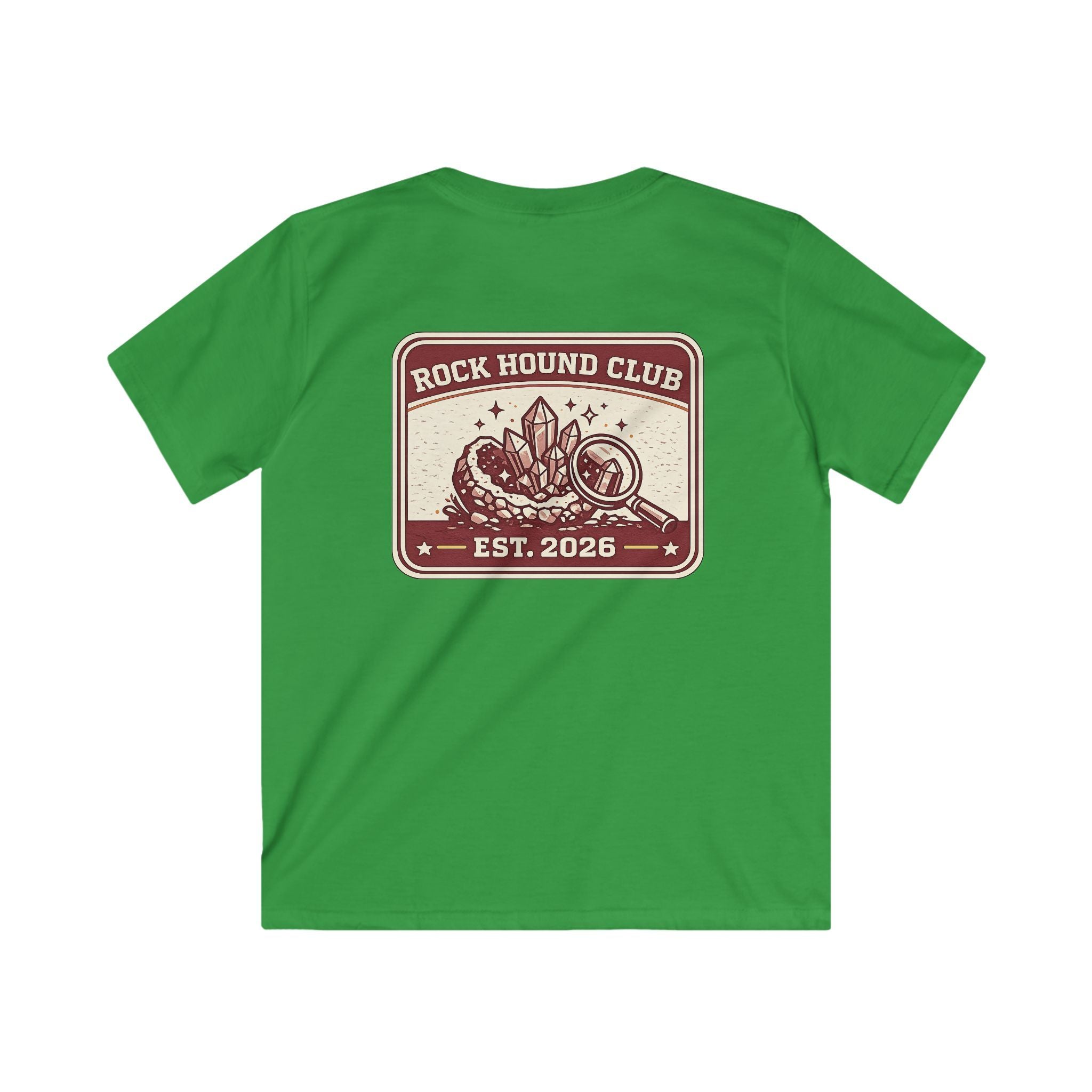 Rock Hound Club Kids T-Shirt 'Est. 2026' Gemstone & Magnifying Glass Design for Boys & Girls