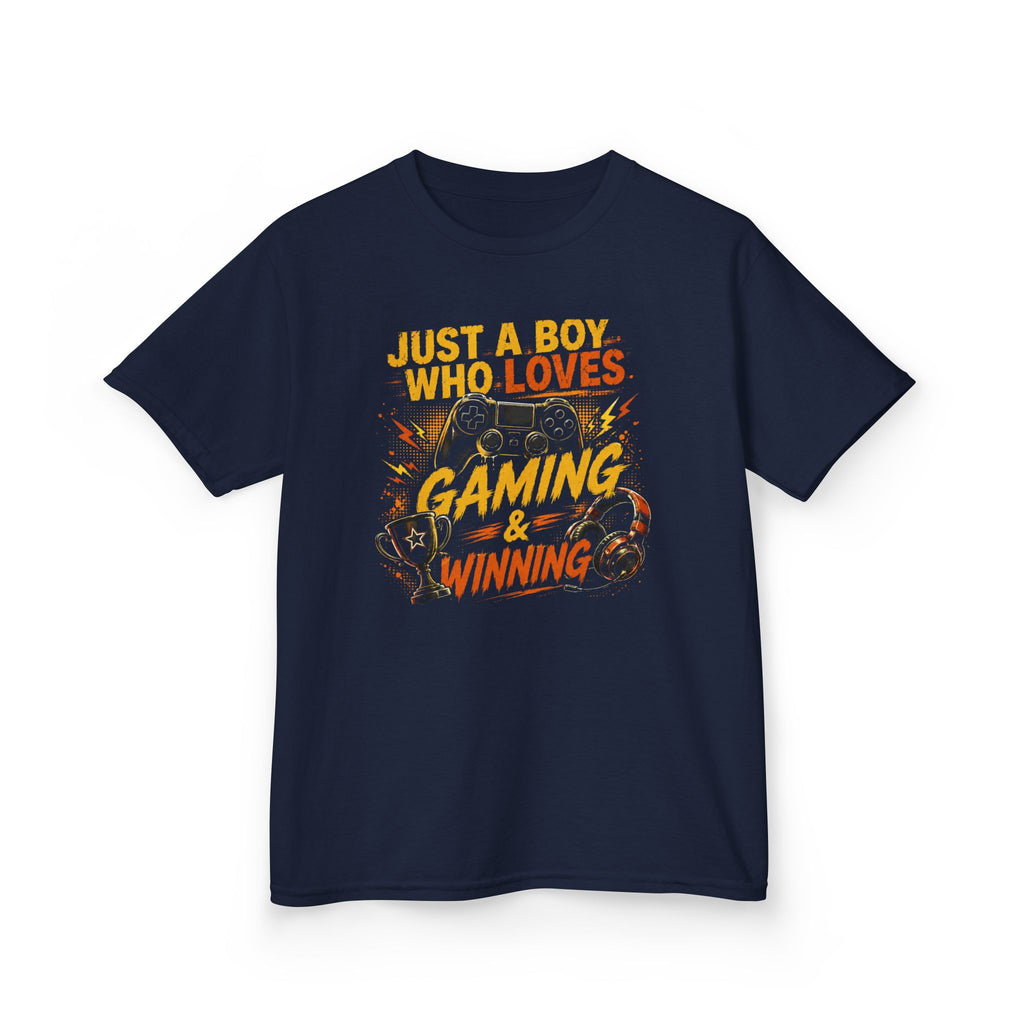 Just a Boy Who Loves Gaming & Winning Graphic kids Gamer T-Shirt Design