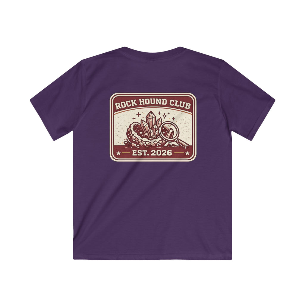 Rock Hound Club Kids T-Shirt 'Est. 2026' Gemstone & Magnifying Glass Design for Boys & Girls