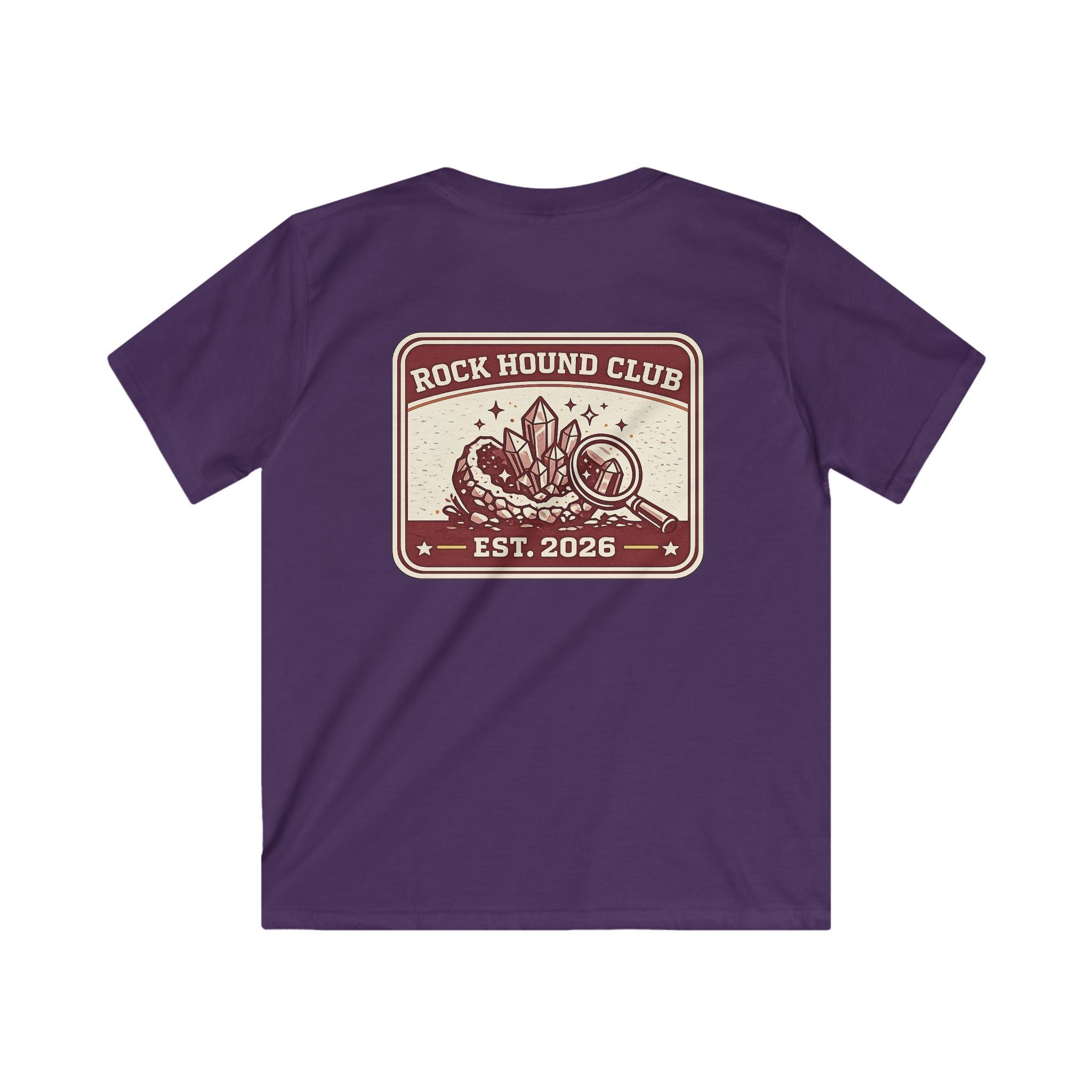 Rock Hound Club Kids T-Shirt 'Est. 2026' Gemstone & Magnifying Glass Design for Boys & Girls