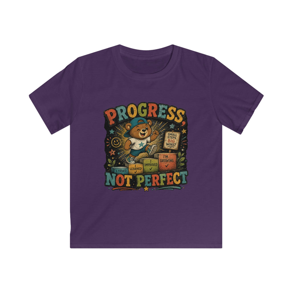 Kids Tee "Progress Not Perfect" Motivational Bear Shirt