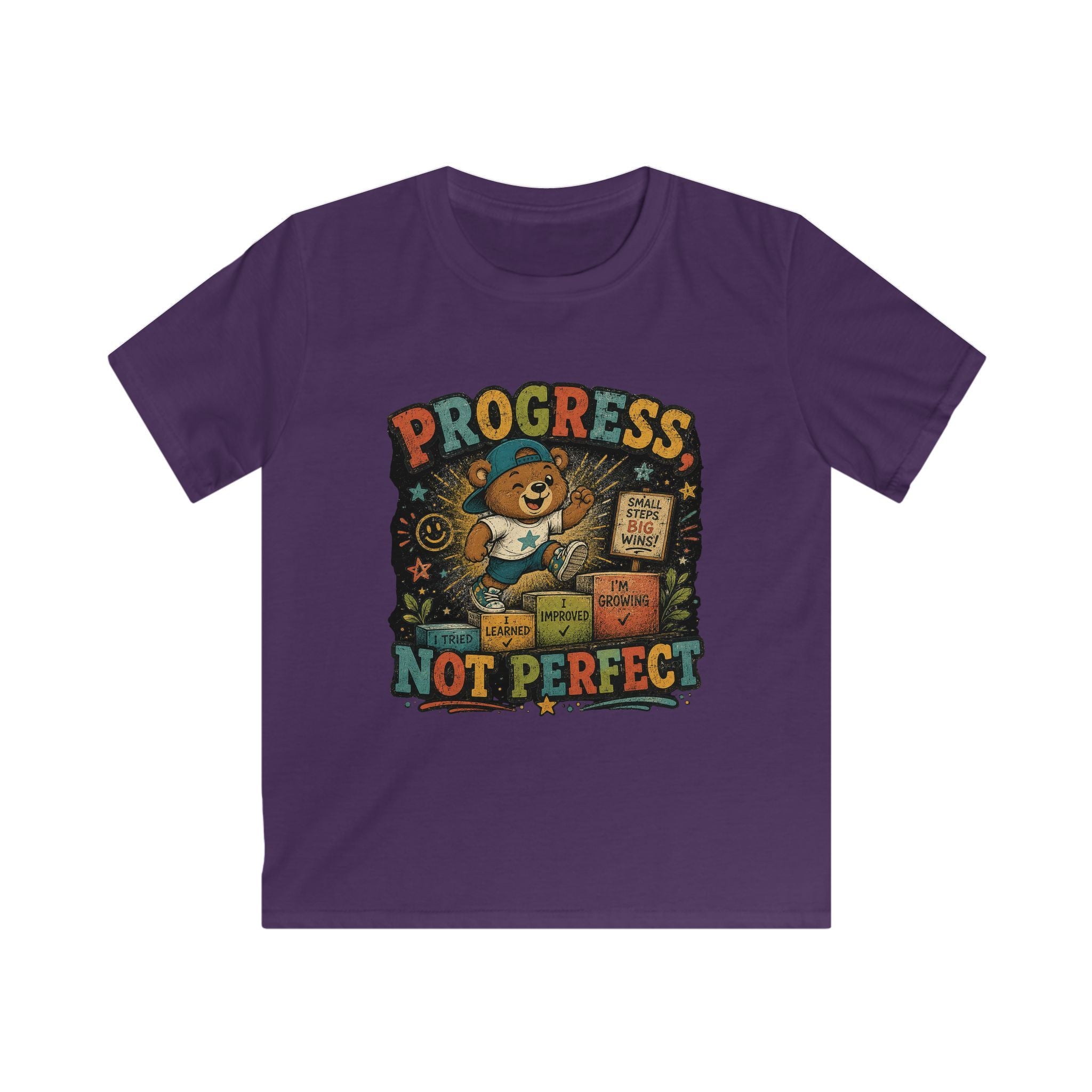 Kids Tee "Progress Not Perfect" Motivational Bear Shirt