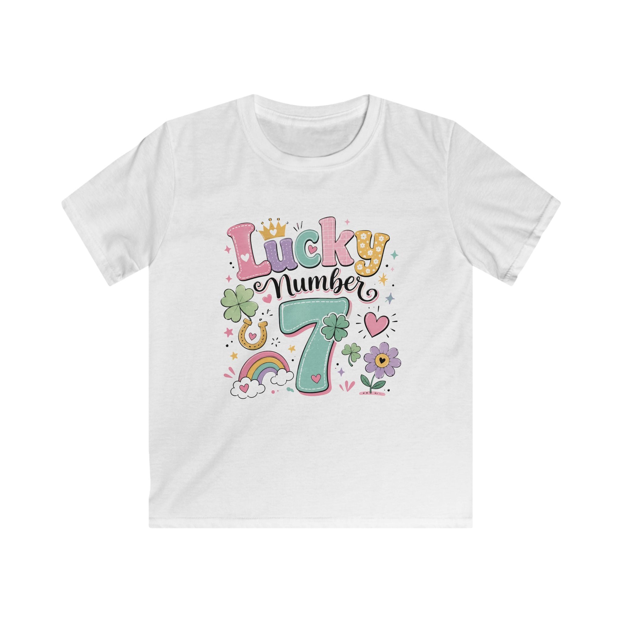 Girls "Lucky Number 7" T-Shirt Cute St. Patrick's Day Rainbow & Clover Tee