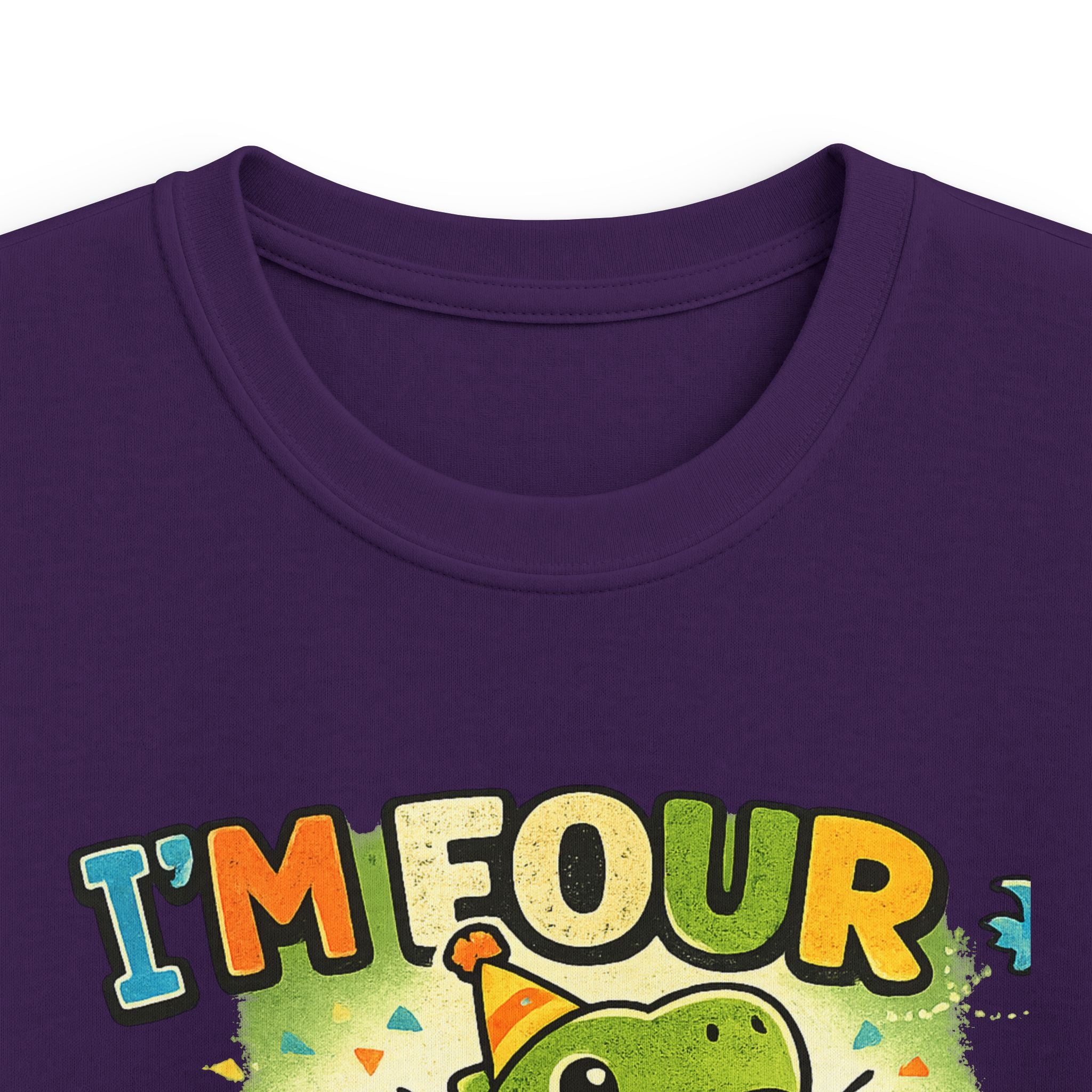 Kids Tee "I’m Four" Roaring Dinosaur Birthday Shirt
