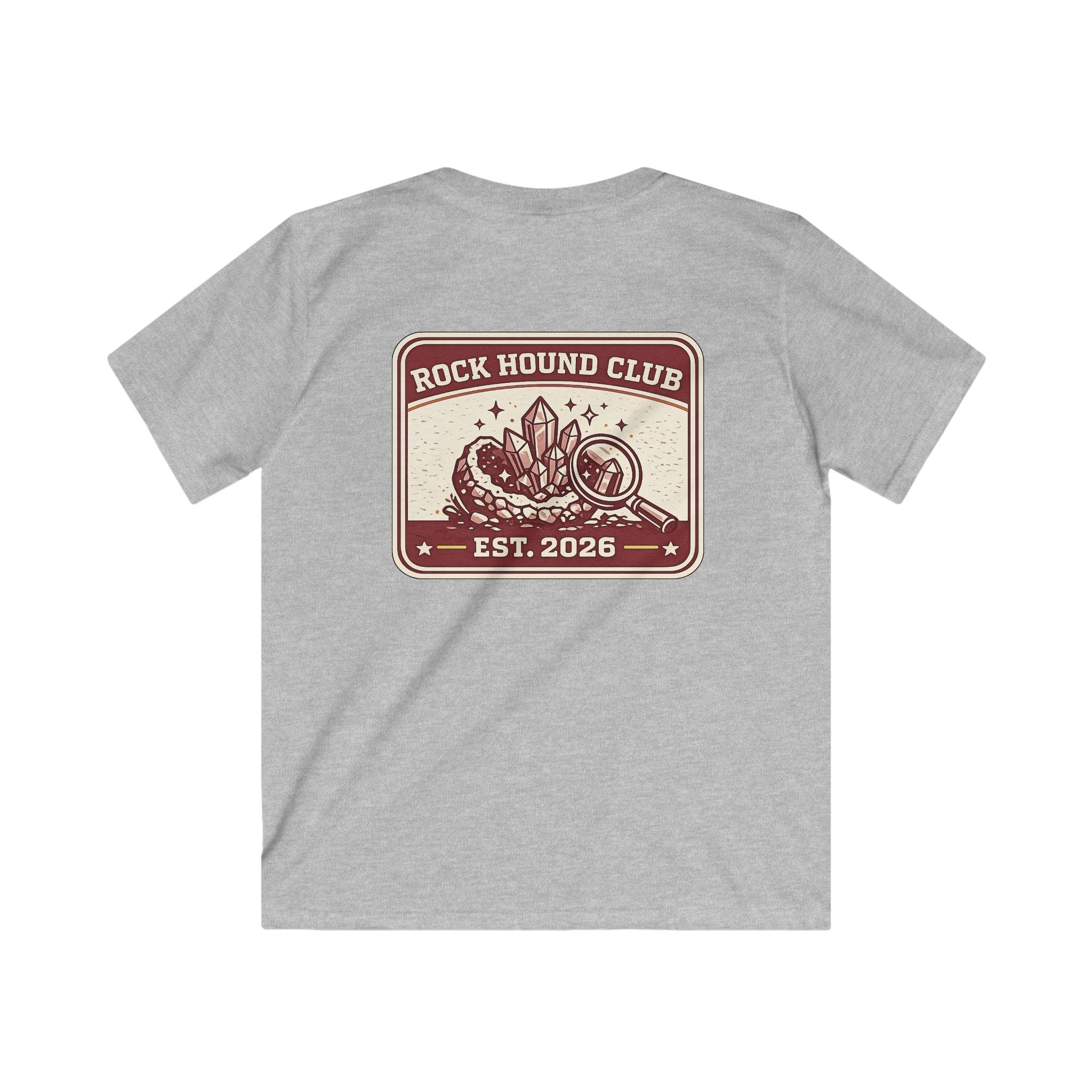 Rock Hound Club Kids T-Shirt 'Est. 2026' Gemstone & Magnifying Glass Design for Boys & Girls