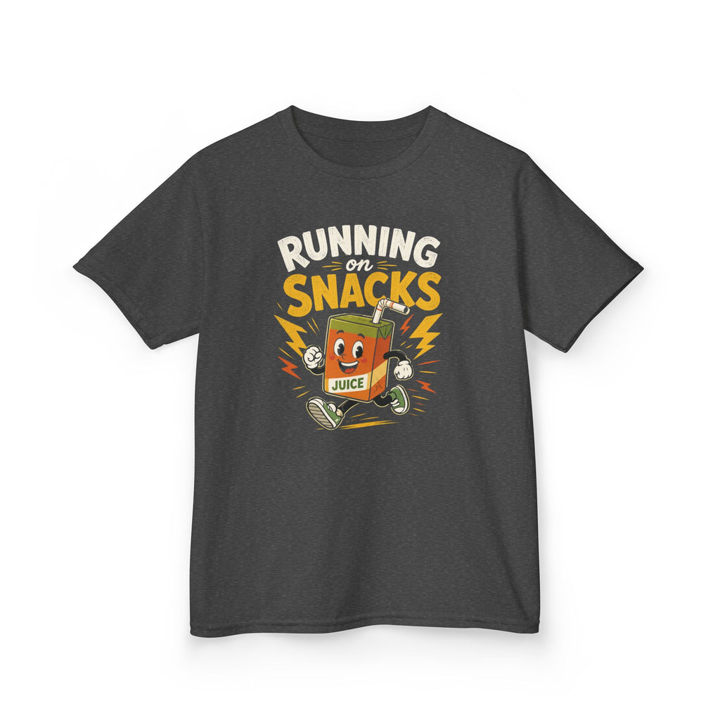 Funny Kids T-Shirt "Running on Snacks" Cartoon Juice Box Tee