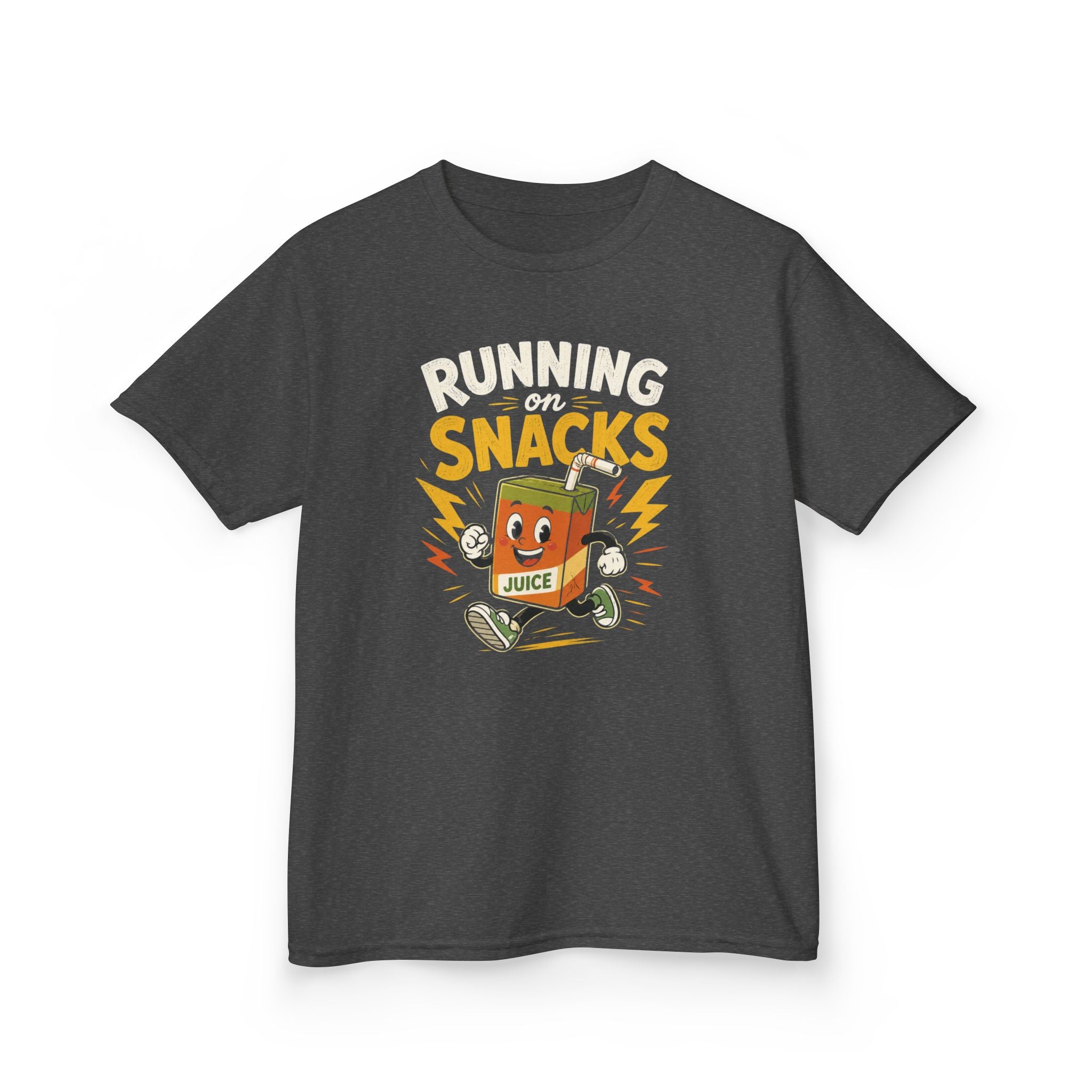 Funny Kids T-Shirt "Running on Snacks" Cartoon Juice Box Tee