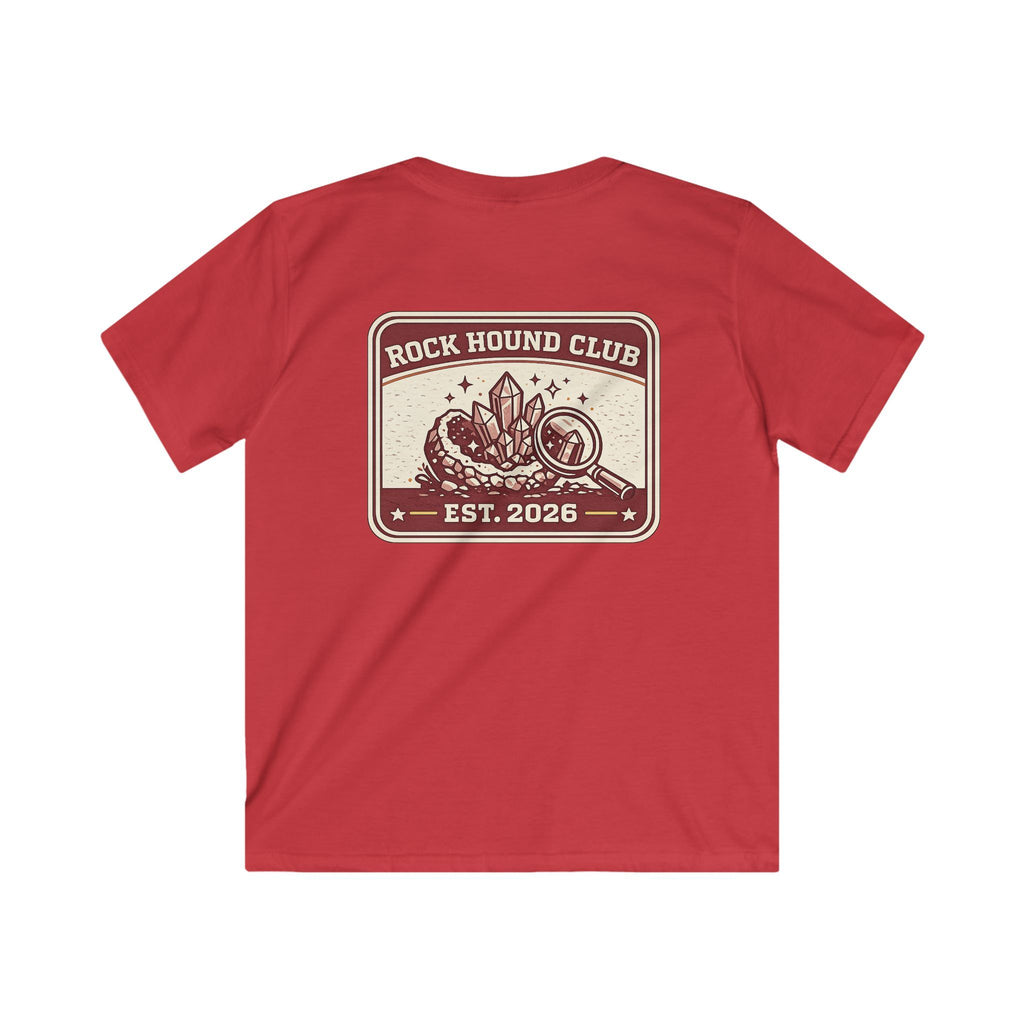 Rock Hound Club Kids T-Shirt 'Est. 2026' Gemstone & Magnifying Glass Design for Boys & Girls