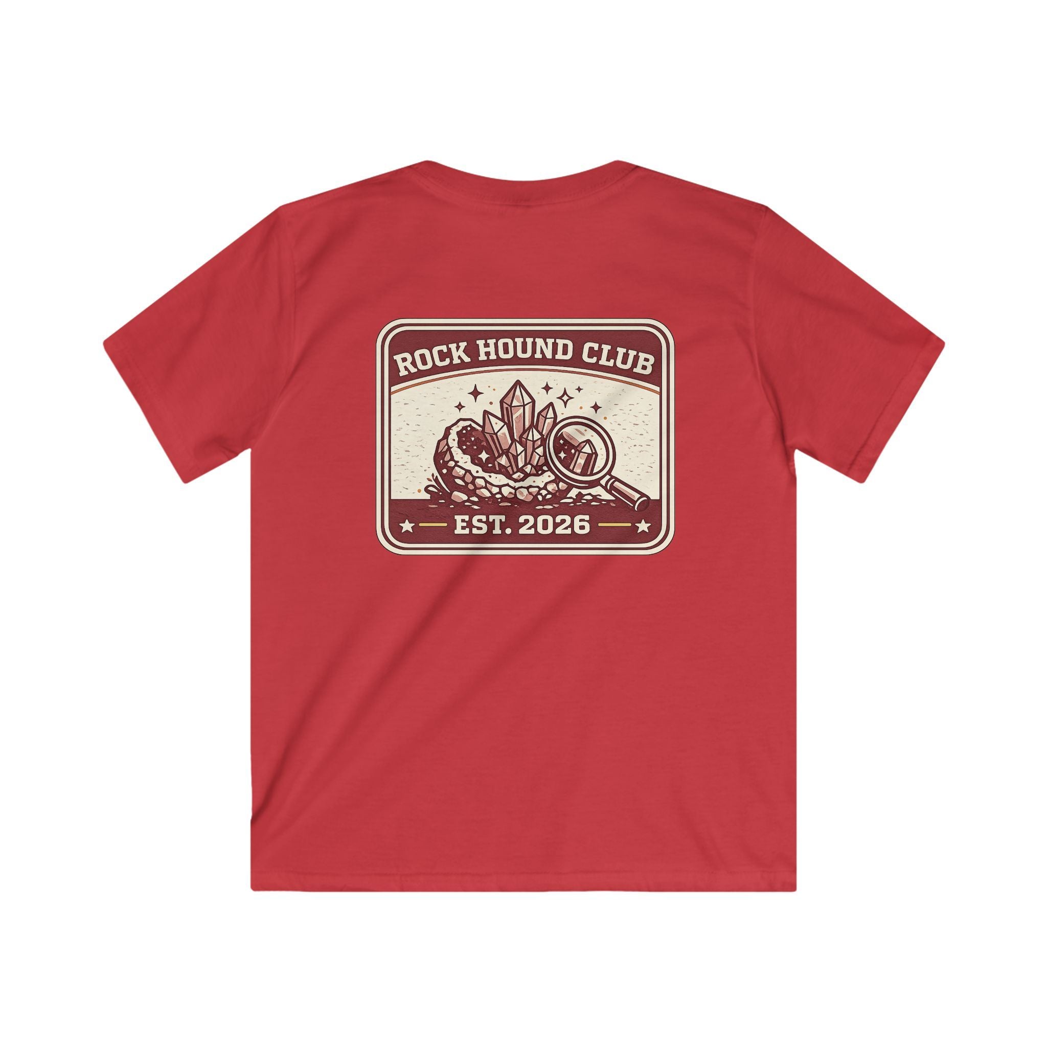 Rock Hound Club Kids T-Shirt 'Est. 2026' Gemstone & Magnifying Glass Design for Boys & Girls
