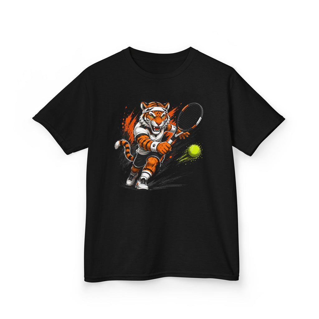 Tennis Tiger T-Shirt | Fierce Tiger Tennis Player Graphic | Kids Tennis Tee | Youth Tennis Sports Shirt | Tennis Lover Gift