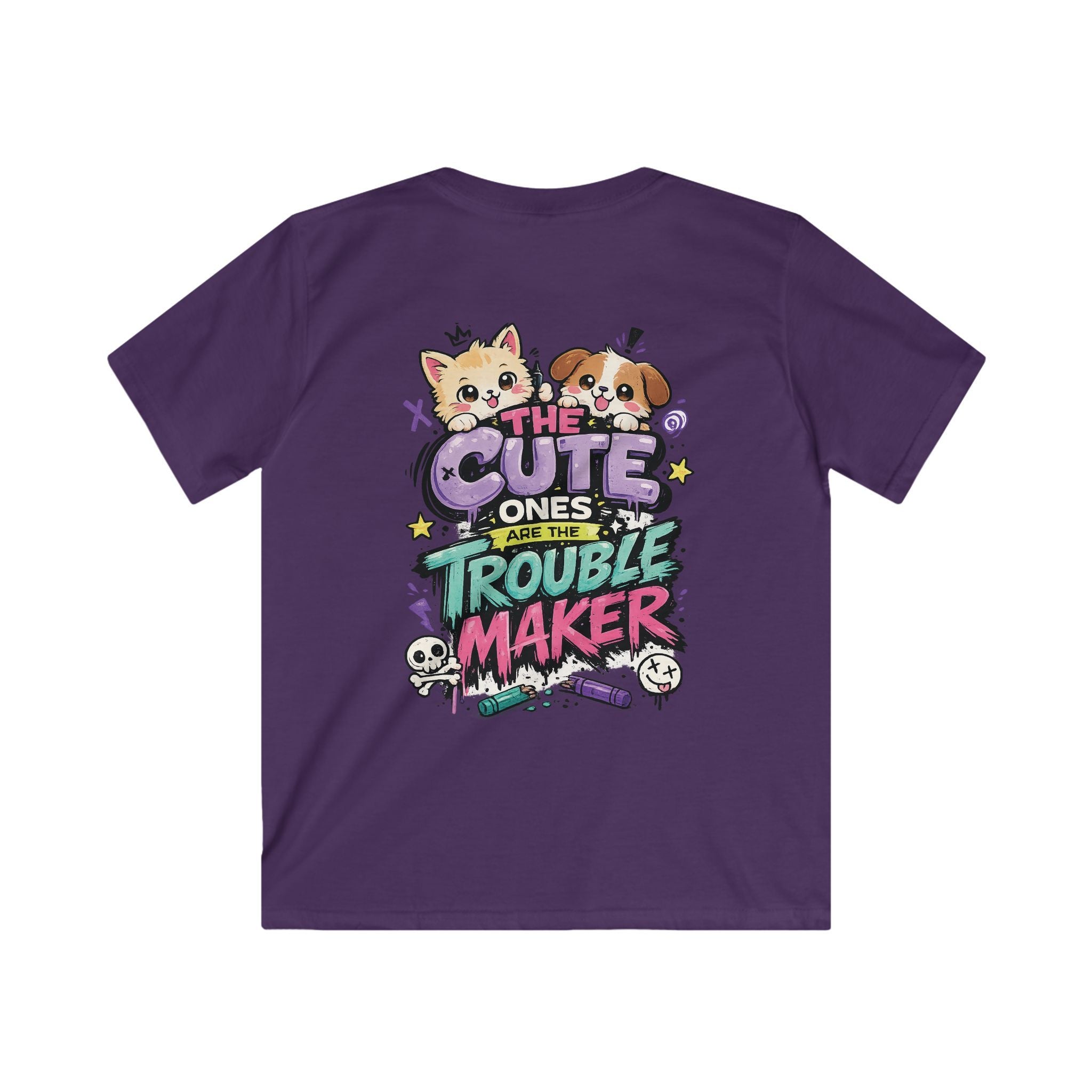 Cute Puppy & Kitten "The Cute Ones Are The Trouble Maker" Graphic Girls T-Shirt