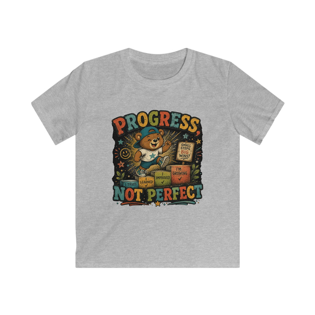 Kids Tee "Progress Not Perfect" Motivational Bear Shirt