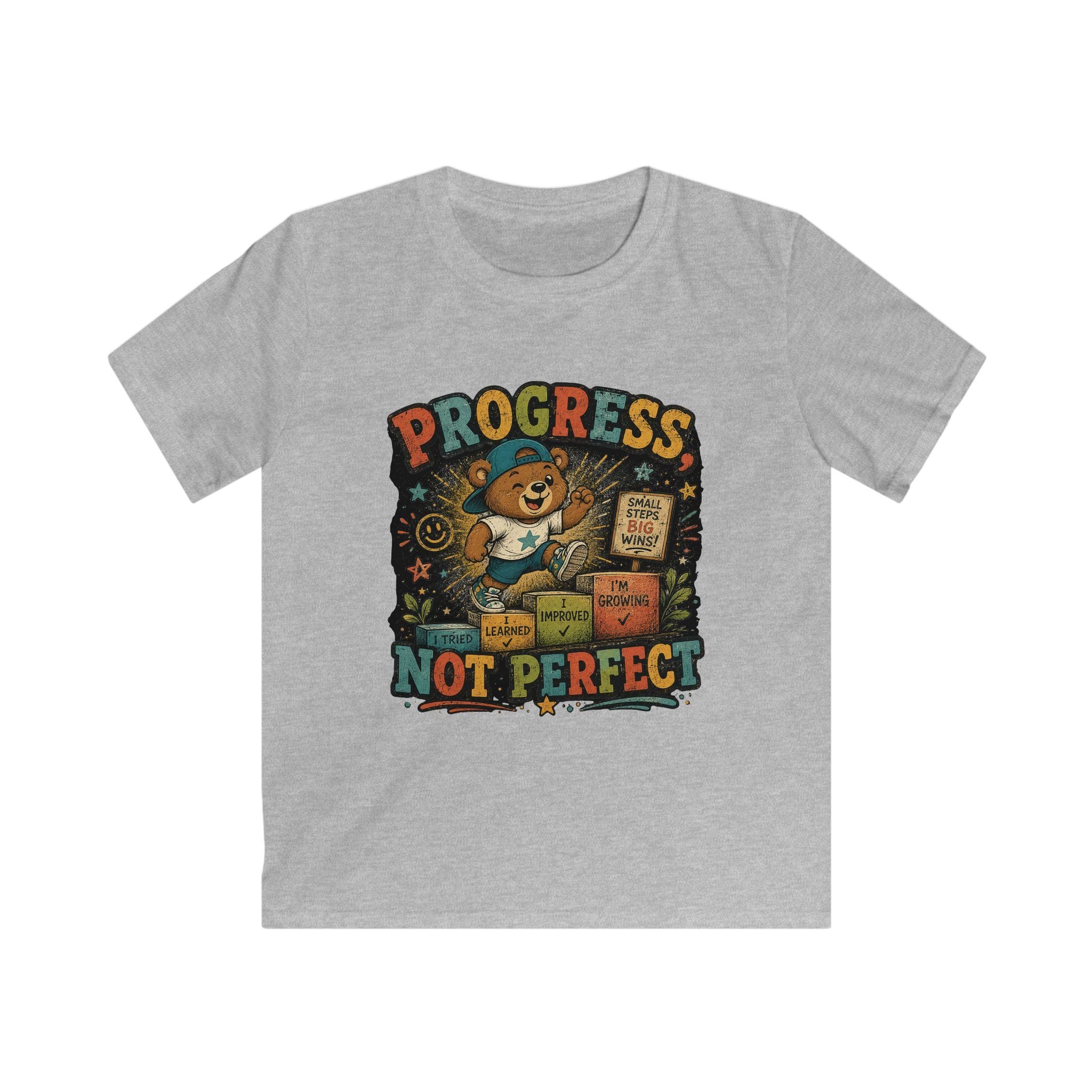 Kids Tee "Progress Not Perfect" Motivational Bear Shirt