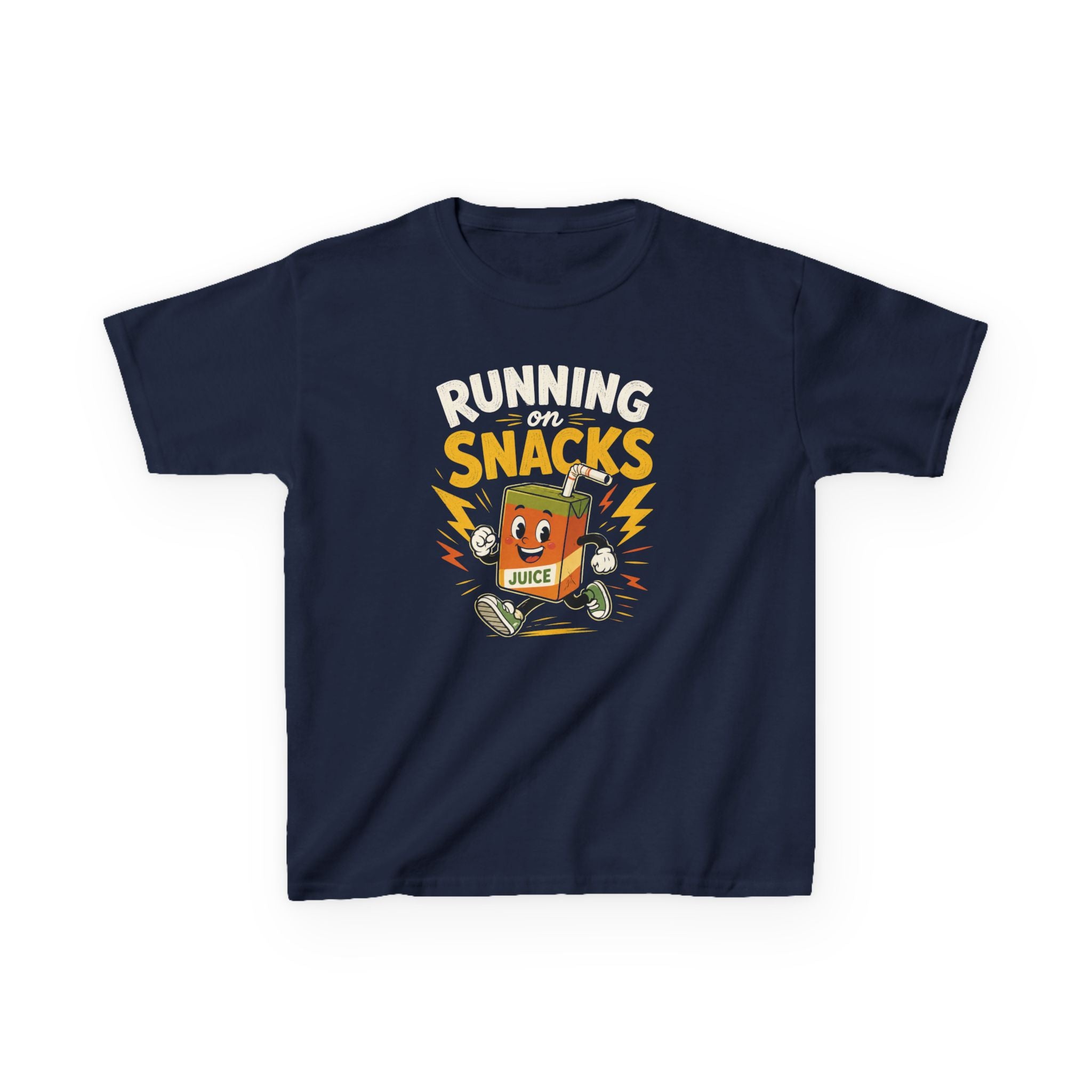 Funny Kids T-Shirt "Running on Snacks" Cartoon Juice Box Tee