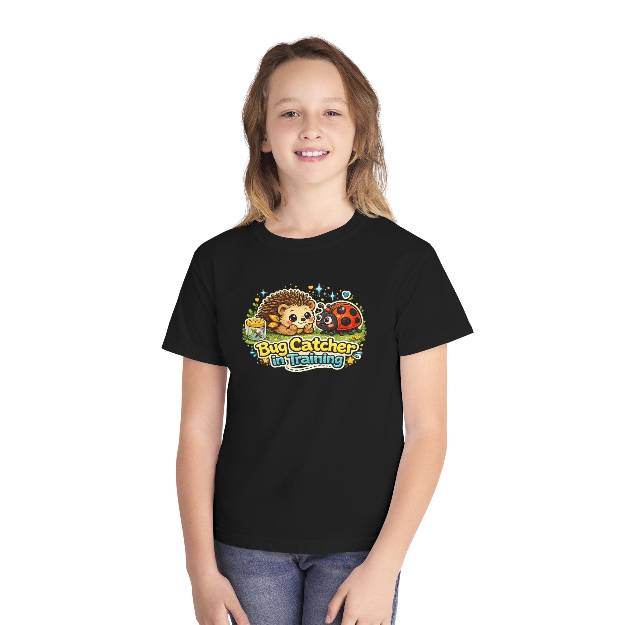 Youth Tee "Bug Catcher in Training" Cute Hedgehog & Ladybug Kids T-Shirt Girls & Boys