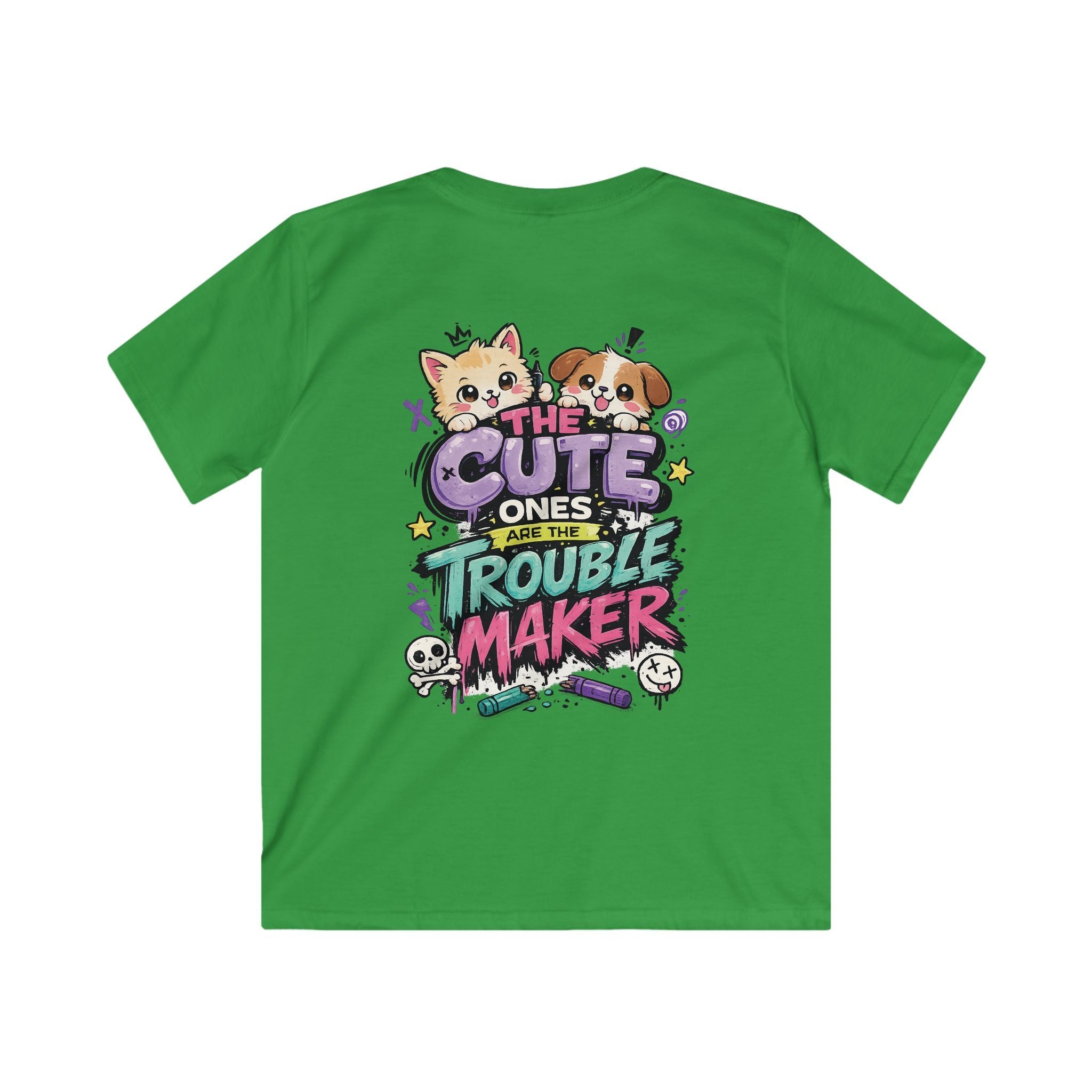 Cute Puppy & Kitten "The Cute Ones Are The Trouble Maker" Graphic Girls T-Shirt