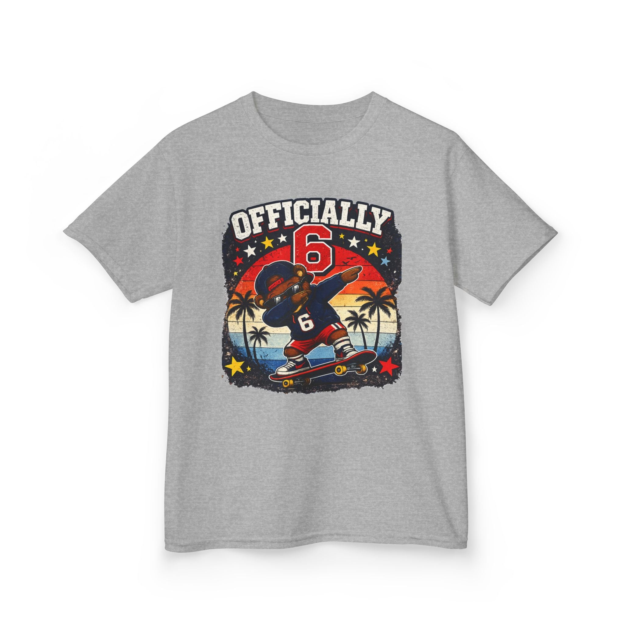 Kids Tee  "Officially 6" Skateboard Birthday Shirt with Palm Sunset