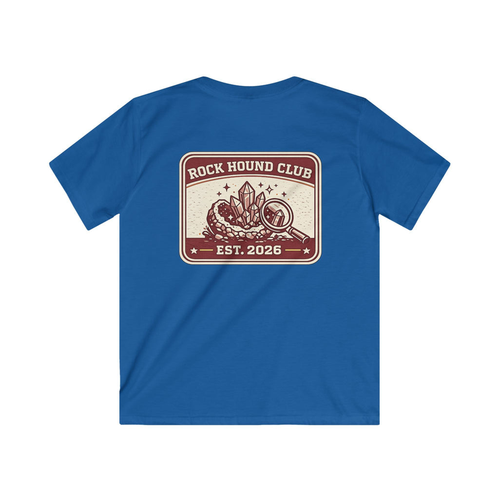 Rock Hound Club Kids T-Shirt 'Est. 2026' Gemstone & Magnifying Glass Design for Boys & Girls
