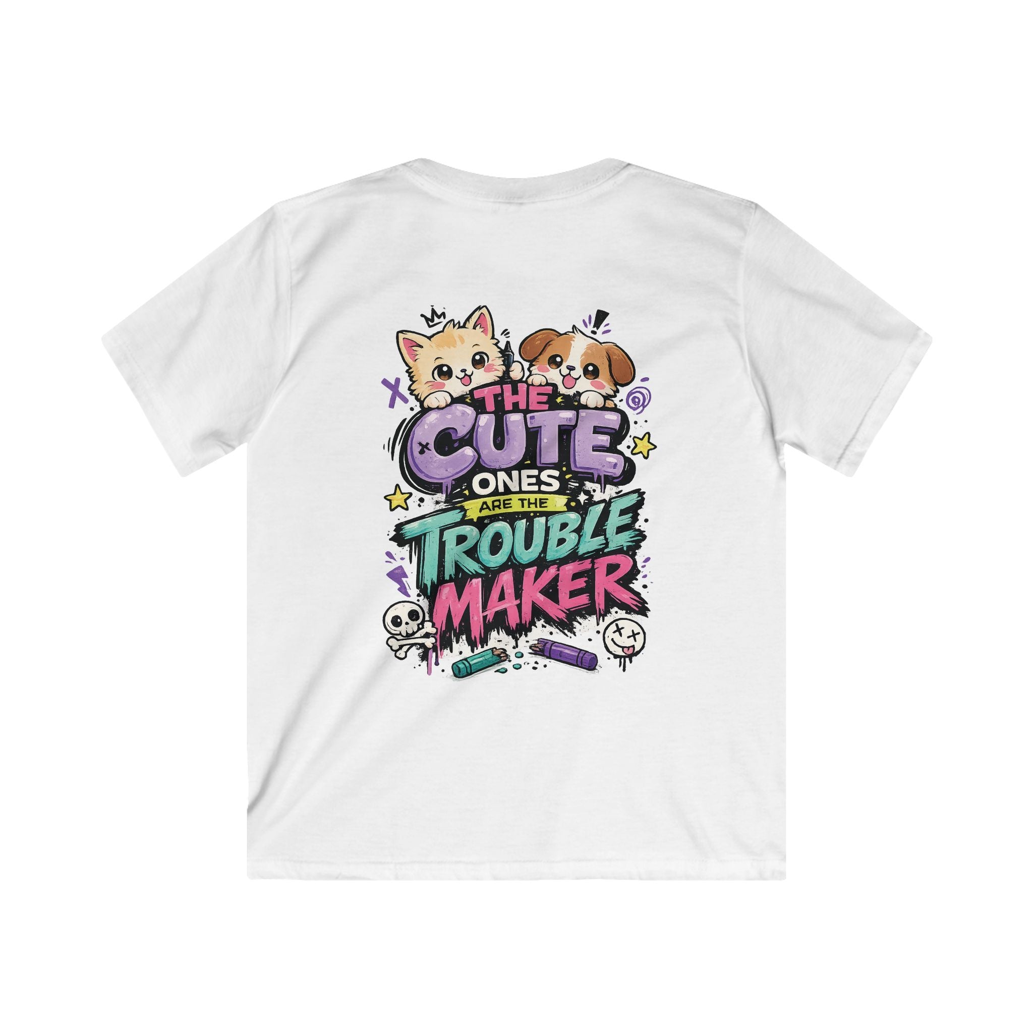 Cute Puppy & Kitten "The Cute Ones Are The Trouble Maker" Graphic Girls T-Shirt