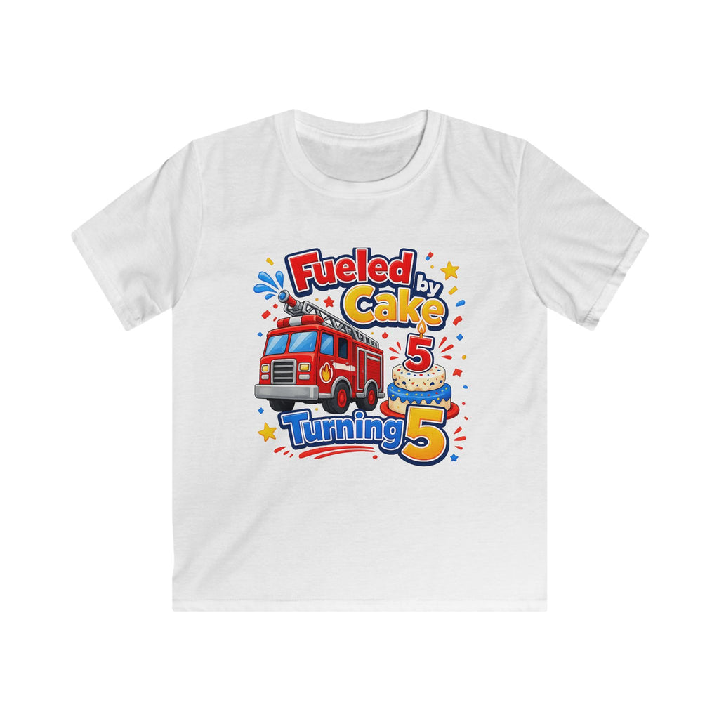 Kids Birthday T‑Shirt 'Fueled by Cake Turning 5' Fire Truck Tee
