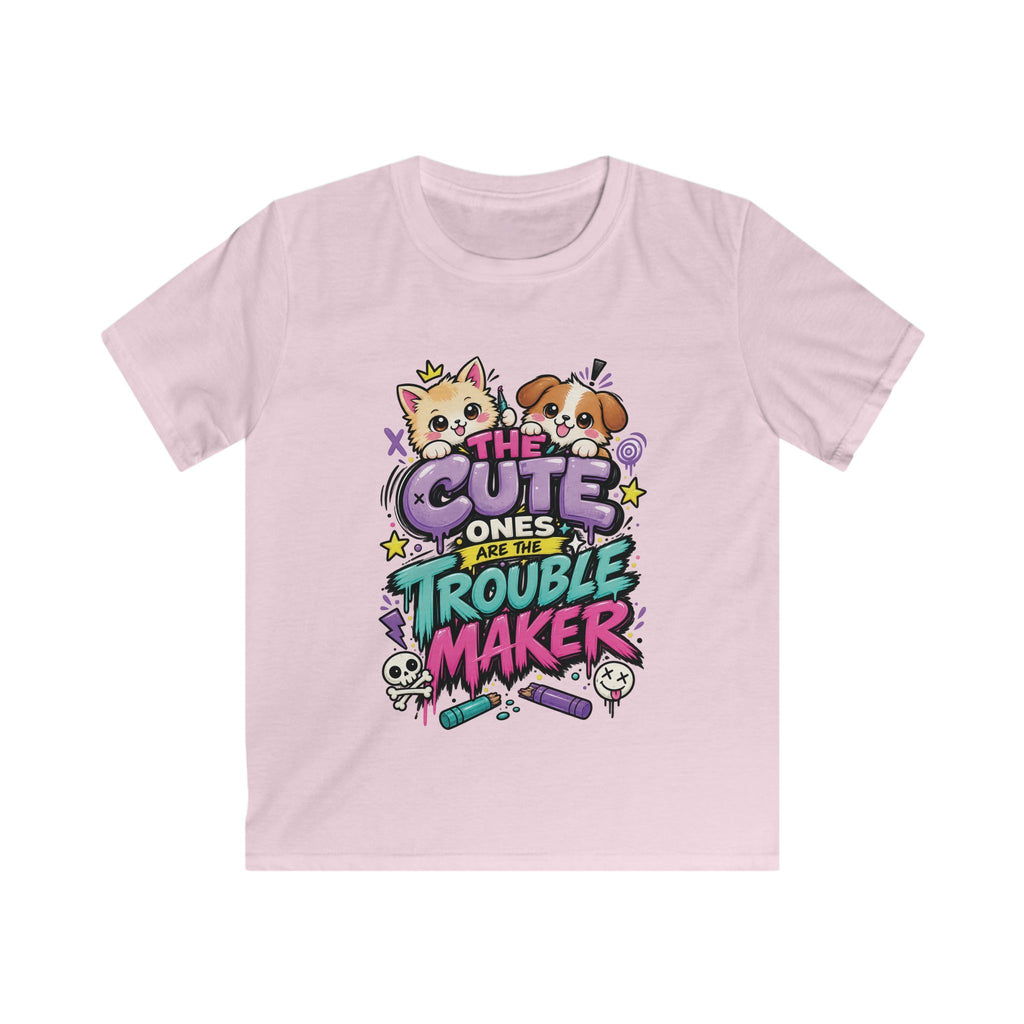 Cute Puppy & Kitten "The Cute Ones Are The Trouble Maker" Graphic Girls T-Shirt