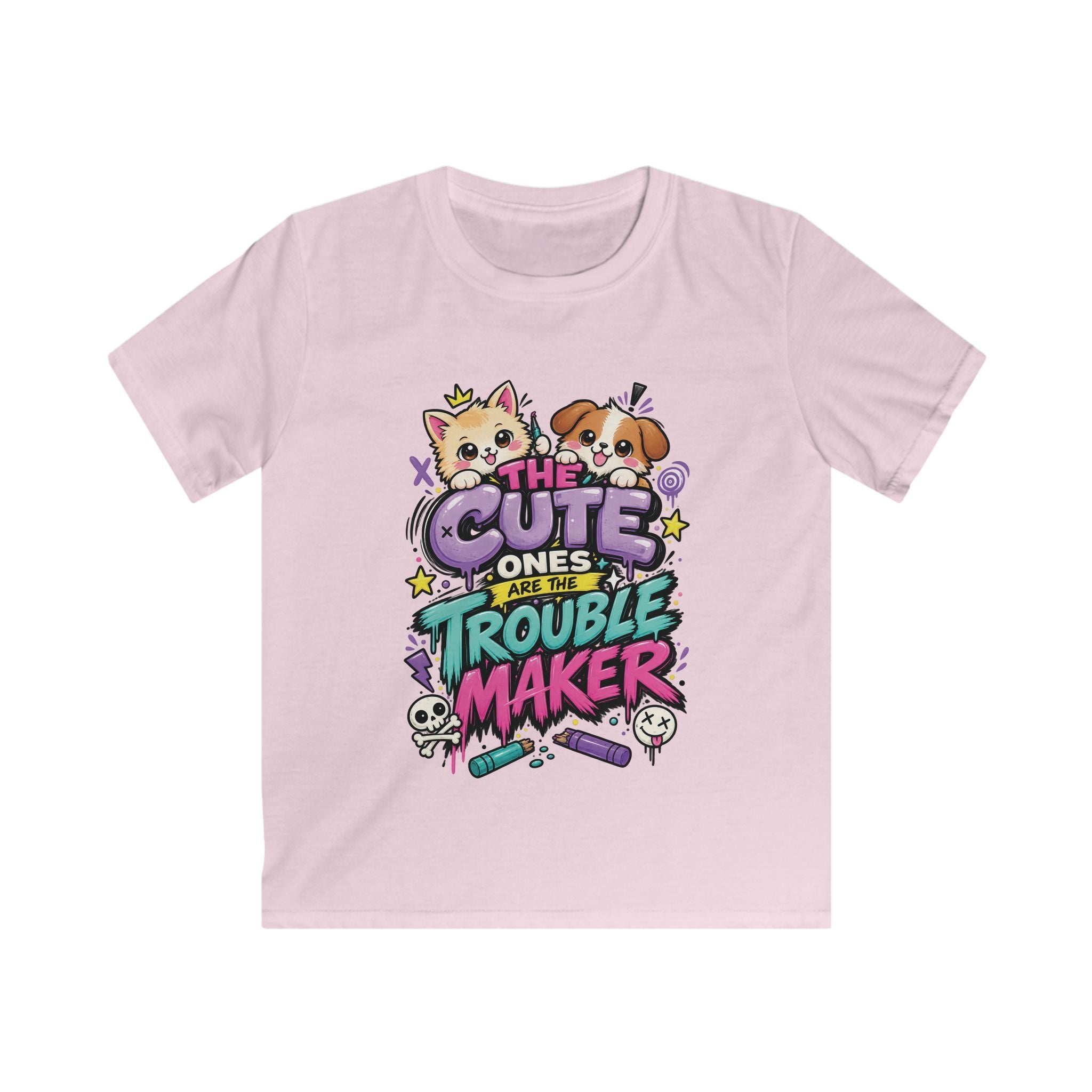 Cute Puppy & Kitten "The Cute Ones Are The Trouble Maker" Graphic Girls T-Shirt