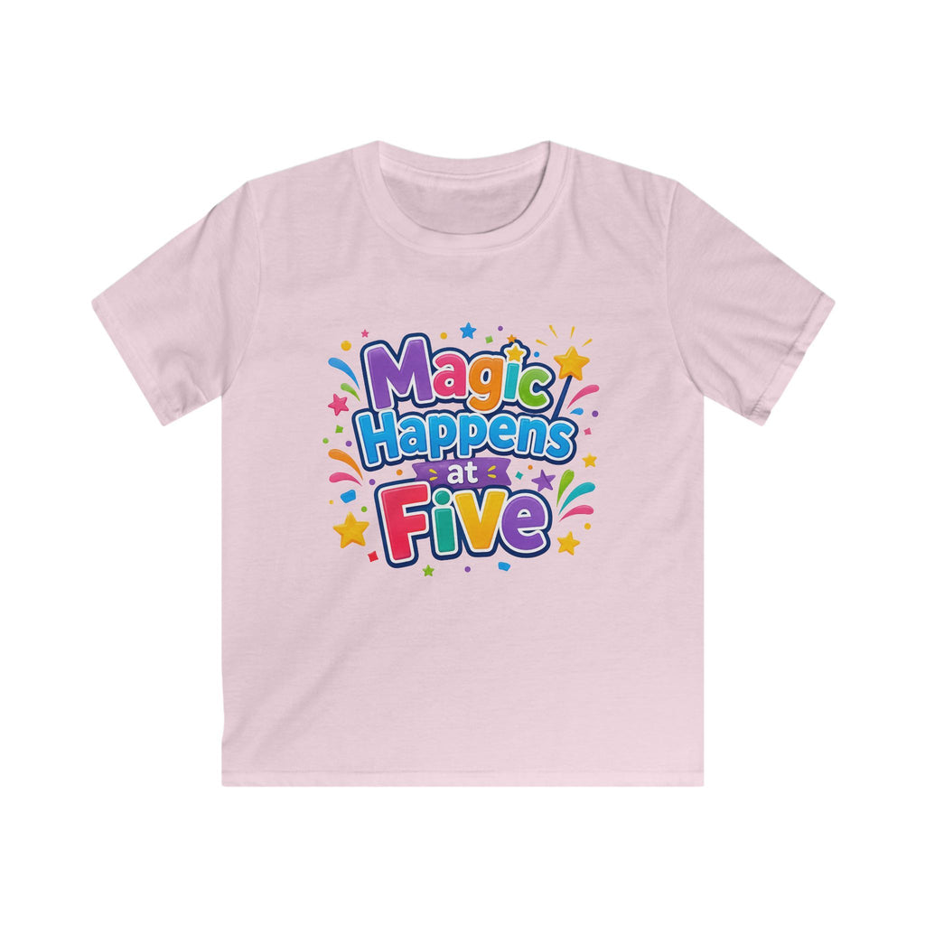Kids Tee "Magic Happens at Five" Colorful Birthday Shirt