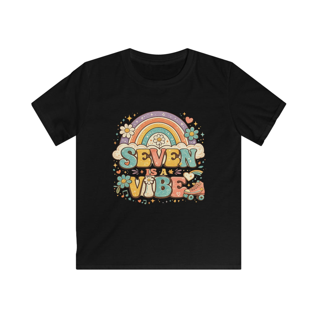 Kids Tee "Seven Is A Vibe" Retro Rainbow Roller Skate Birthday Shirt