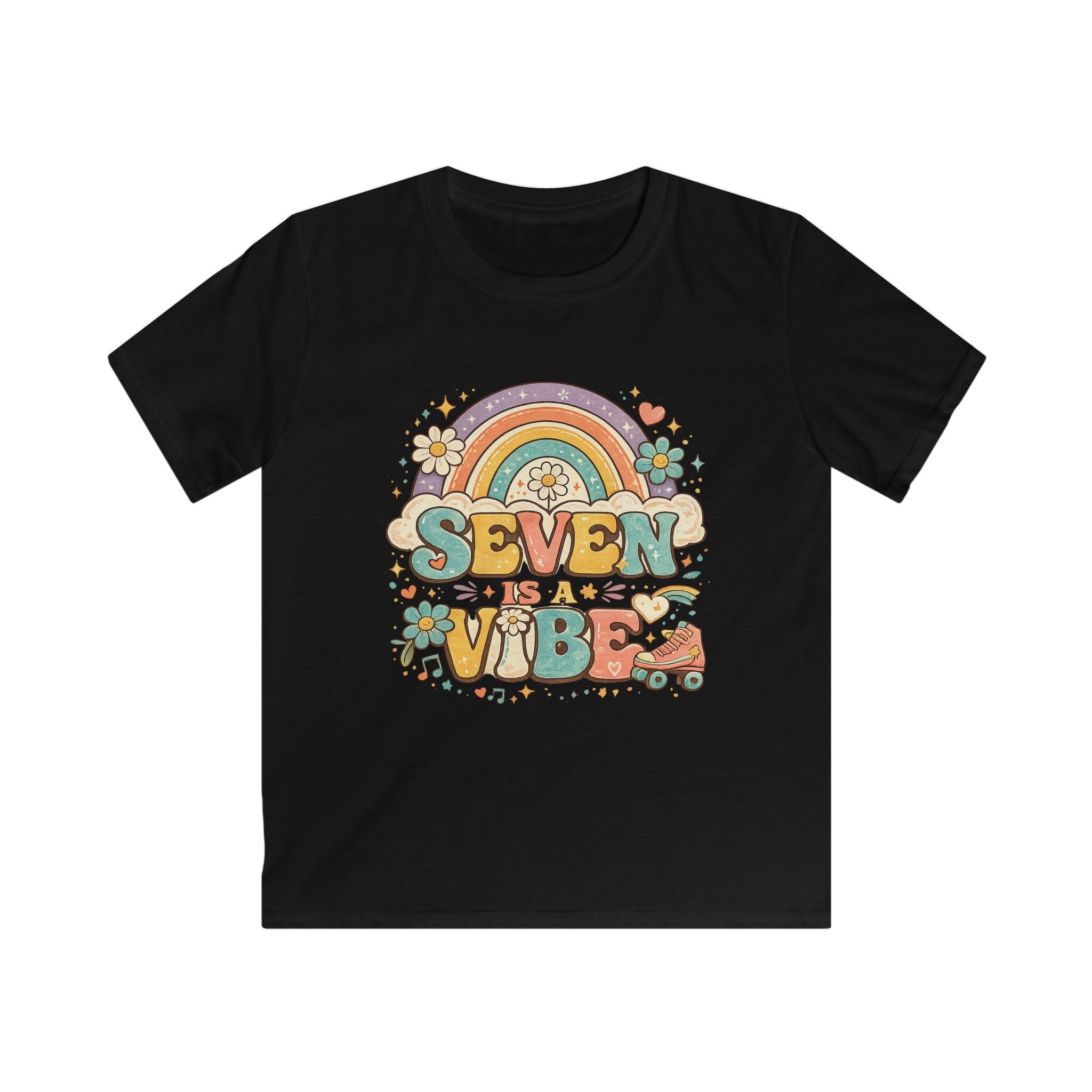 Kids Tee "Seven Is A Vibe" Retro Rainbow Roller Skate Birthday Shirt