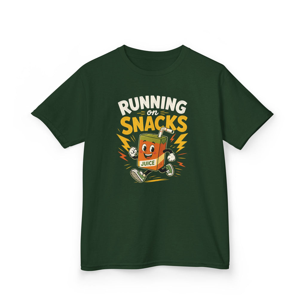 Funny Kids T-Shirt "Running on Snacks" Cartoon Juice Box Tee