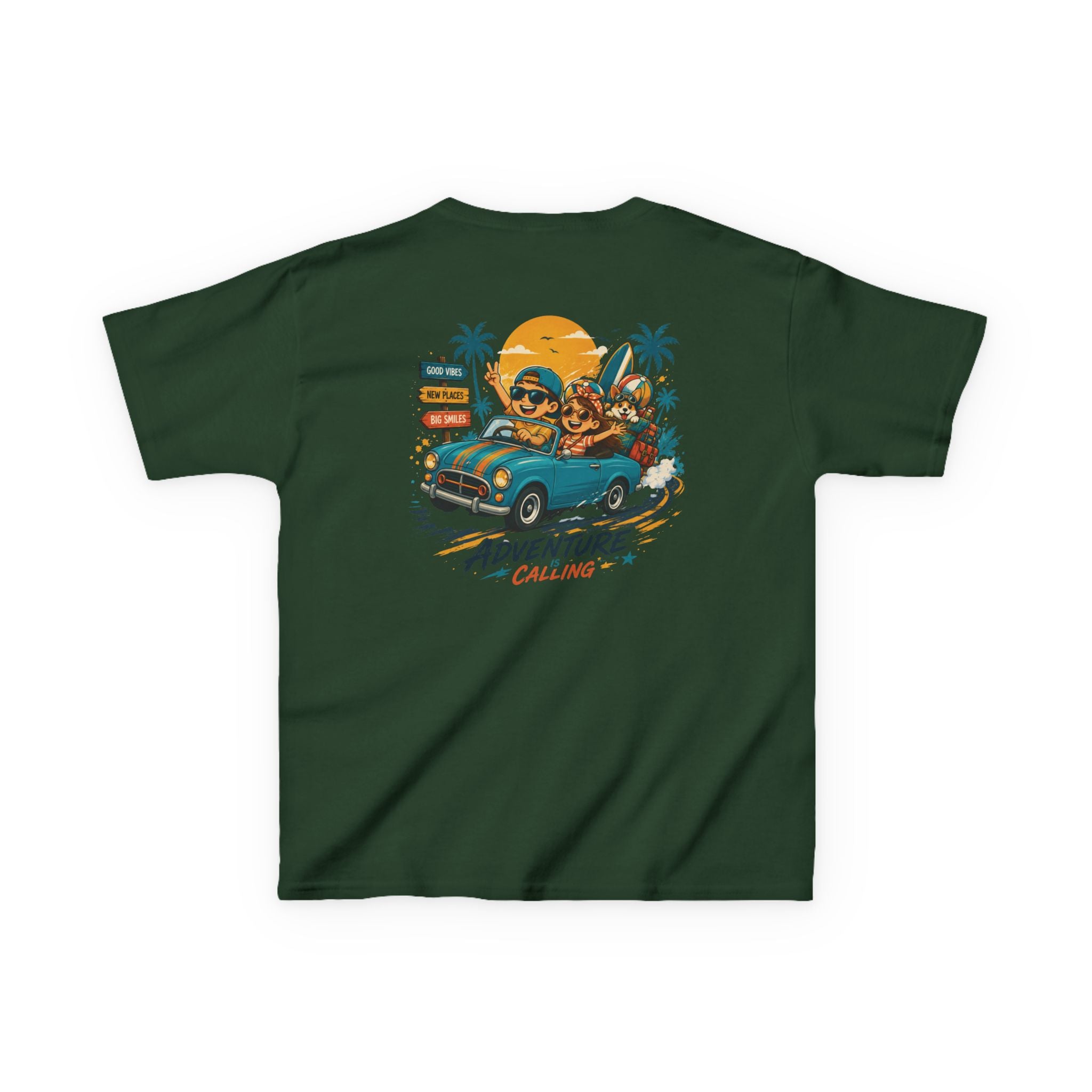 Boys Tee "Adventure Calling" Vintage Tropical Car & Sunset Graphic