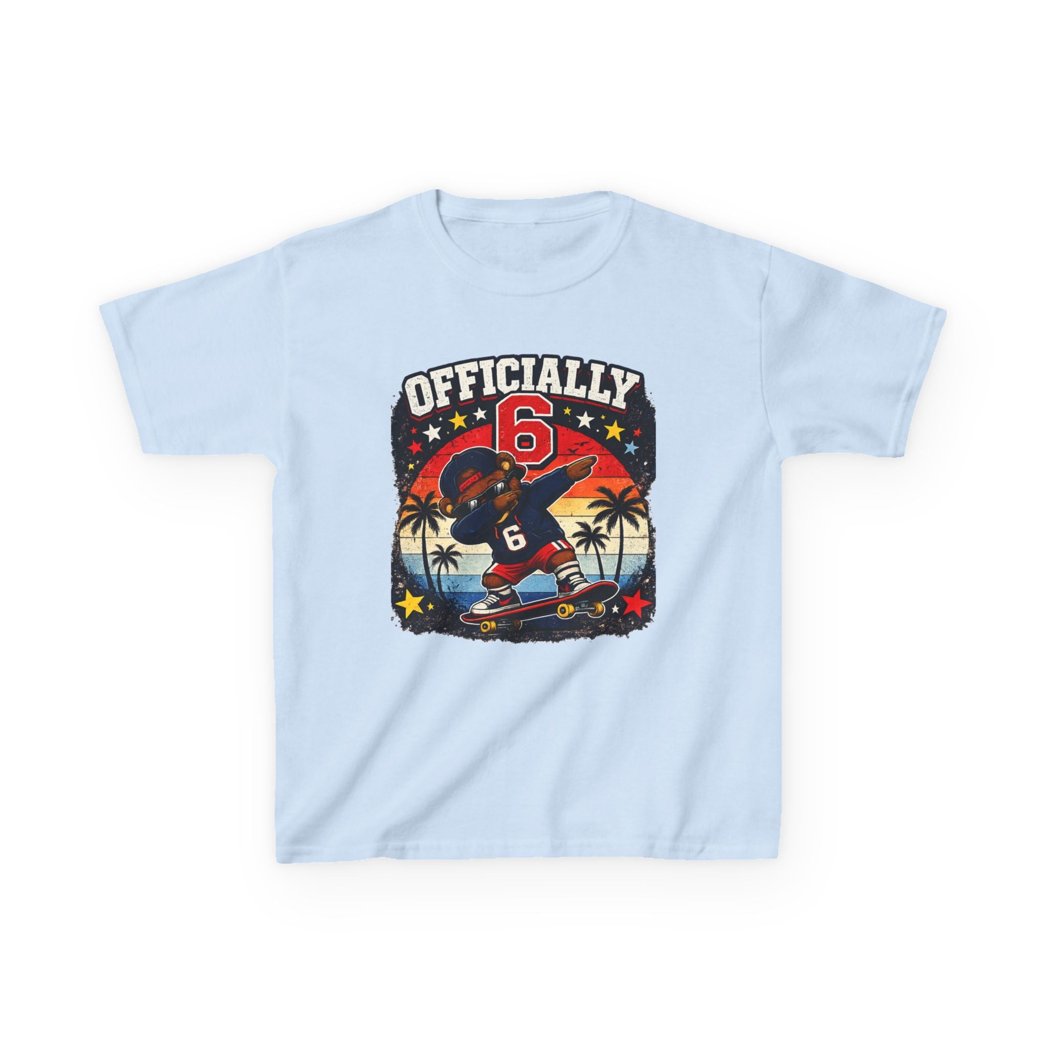 Kids Tee  "Officially 6" Skateboard Birthday Shirt with Palm Sunset